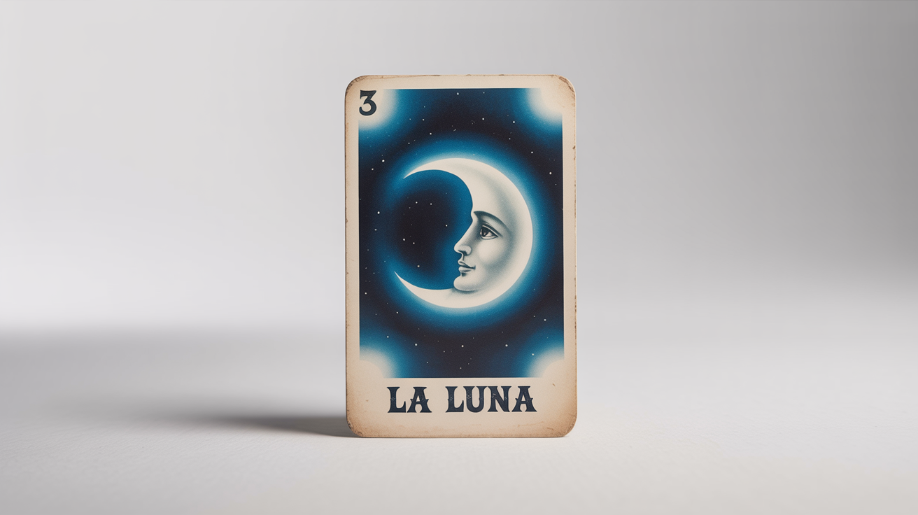 A traditional Mexican Loteria card for 'La Luna' (The Moon), number 3, displayed as a product mockup on a plain white background. The card features a classic folk art illustration of a crescent moon with a face.