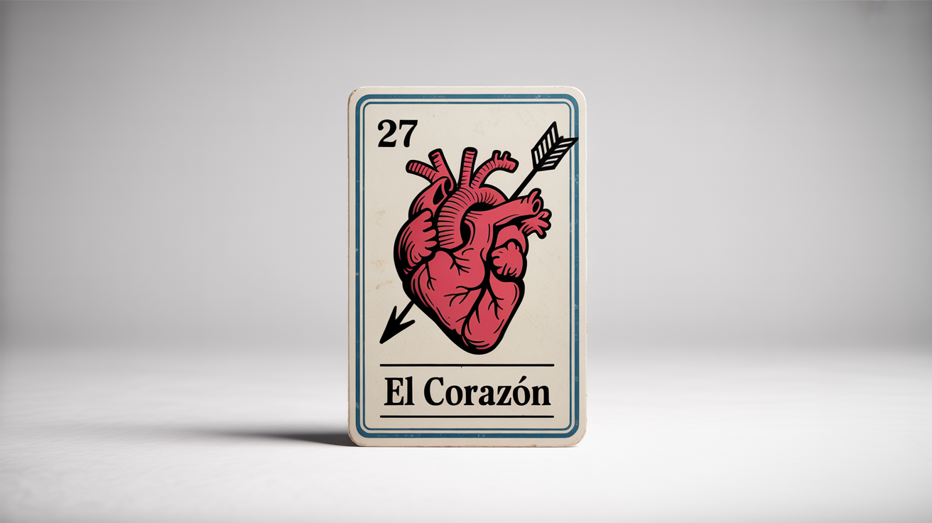 A mockup of a traditional Mexican Loteria card for 'El Corazón' (The Heart), featuring a stylized red heart pierced by an arrow, the number '27', and a blue border, all on a white background.