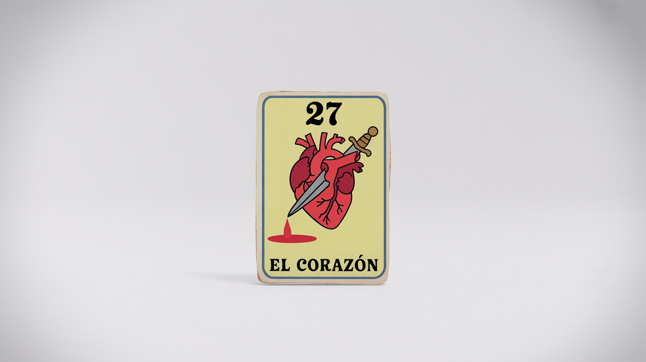 A mockup of a vintage-style Mexican Loteria card titled 'EL CORAZÓN', showing a red heart pierced by a dagger on a white background.