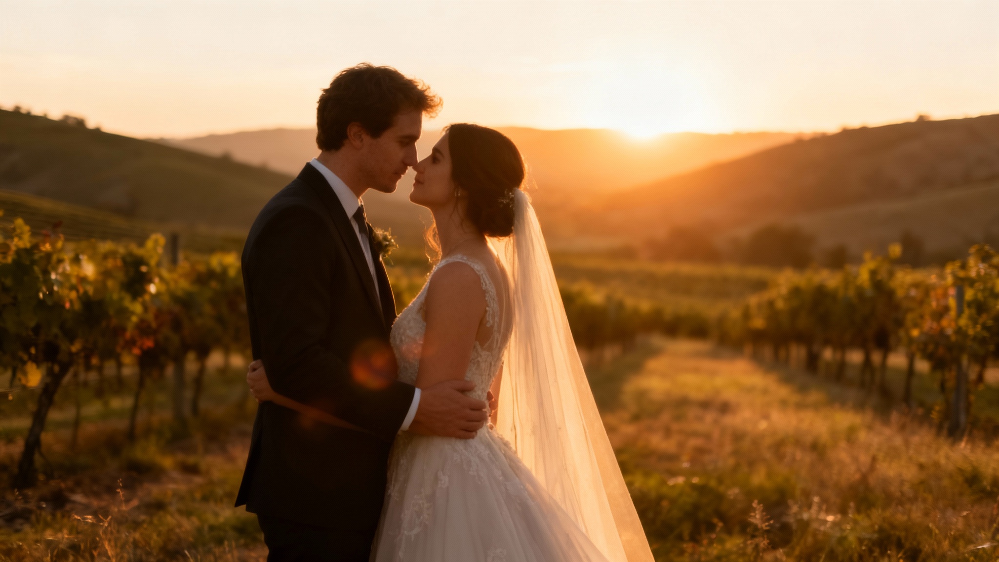 A cinematic still frame from a wedding video showing a bride and groom in a romantic embrace outdoors during a beautiful sunset, with warm lighting and a soft-focus background.