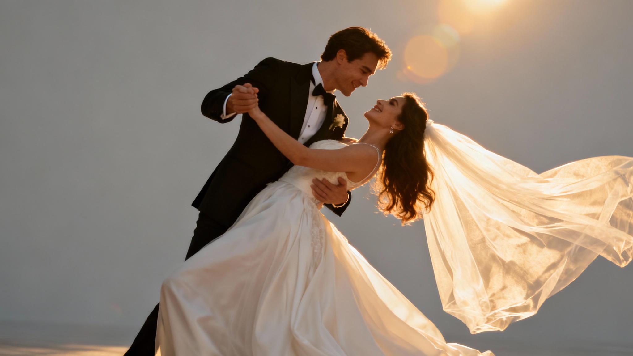 A cinematic-style image of a newly married couple dancing against a plain background. The groom is dipping the bride, and they both have joyous expressions, evoking the feeling of a professional wedding video still.