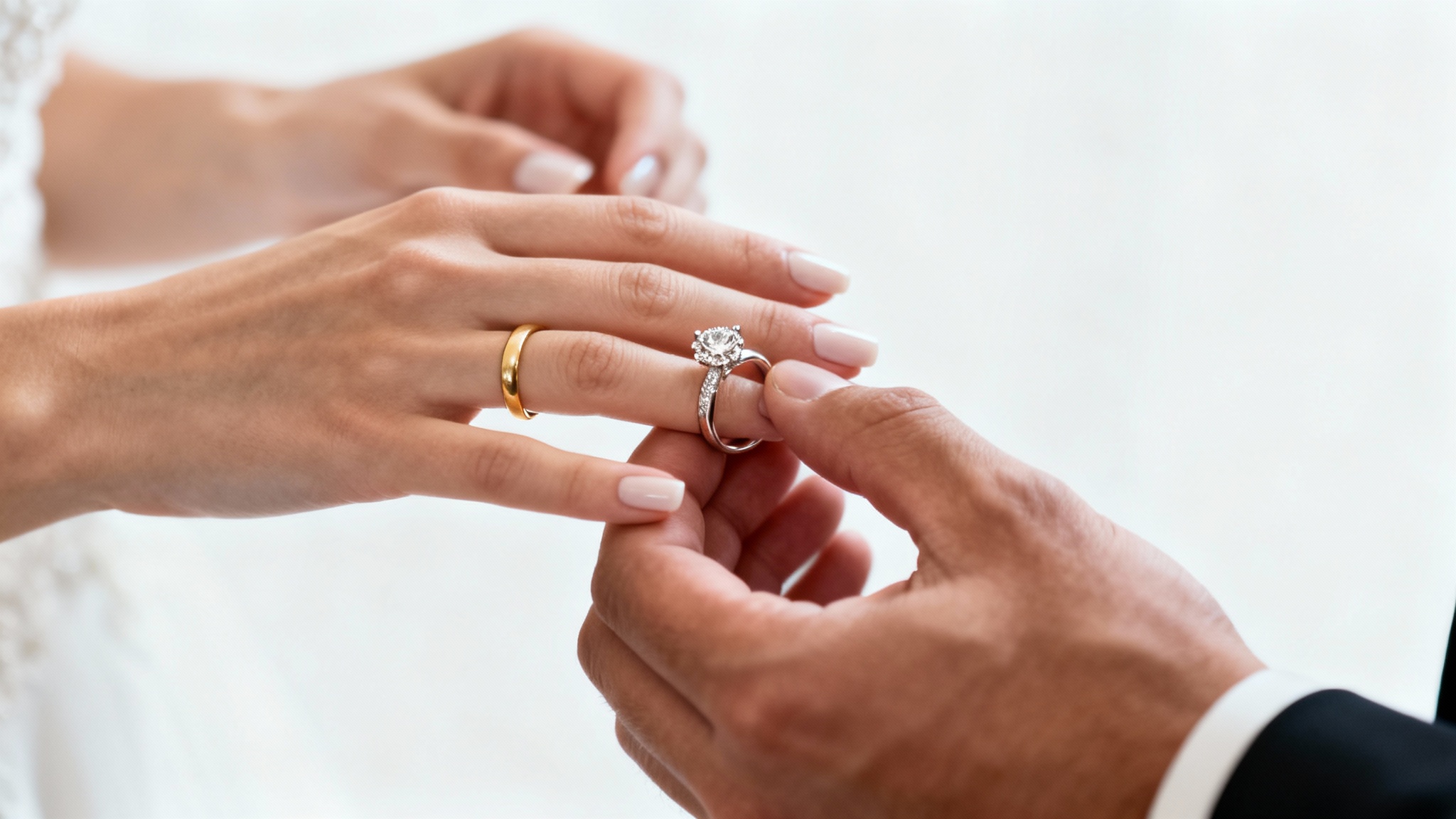 A close-up, cinematic mockup photo of a bride and groom exchanging wedding rings, isolated against a plain white background, symbolizing a wedding video service.