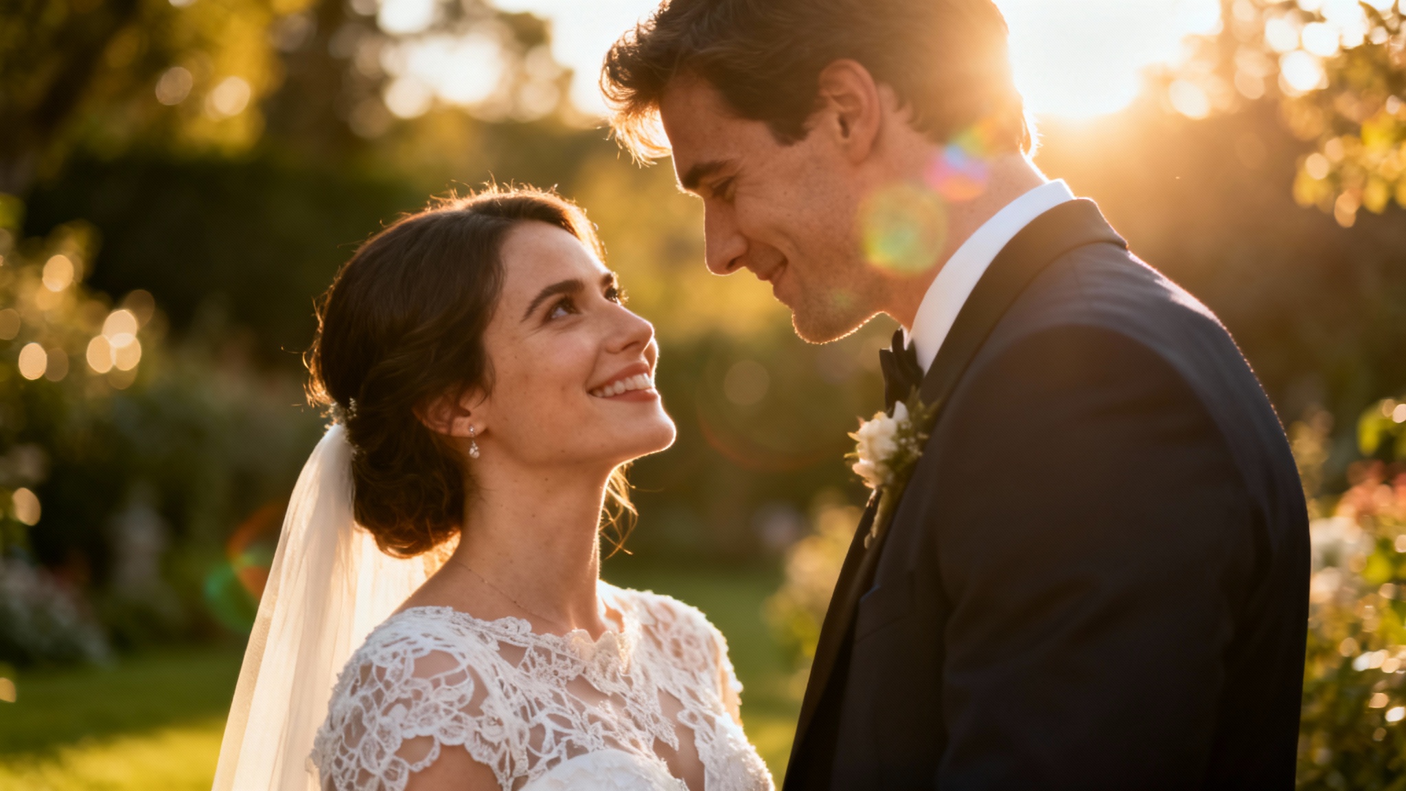A cinematic, photorealistic still from a wedding video showing a bride and groom in a tender embrace during golden hour in a lush garden.