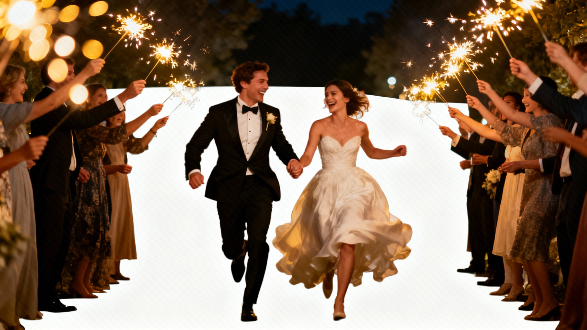 A cinematic image of a newlywed couple joyfully running through a tunnel of sparklers at their wedding, presented as a mockup on a white background.