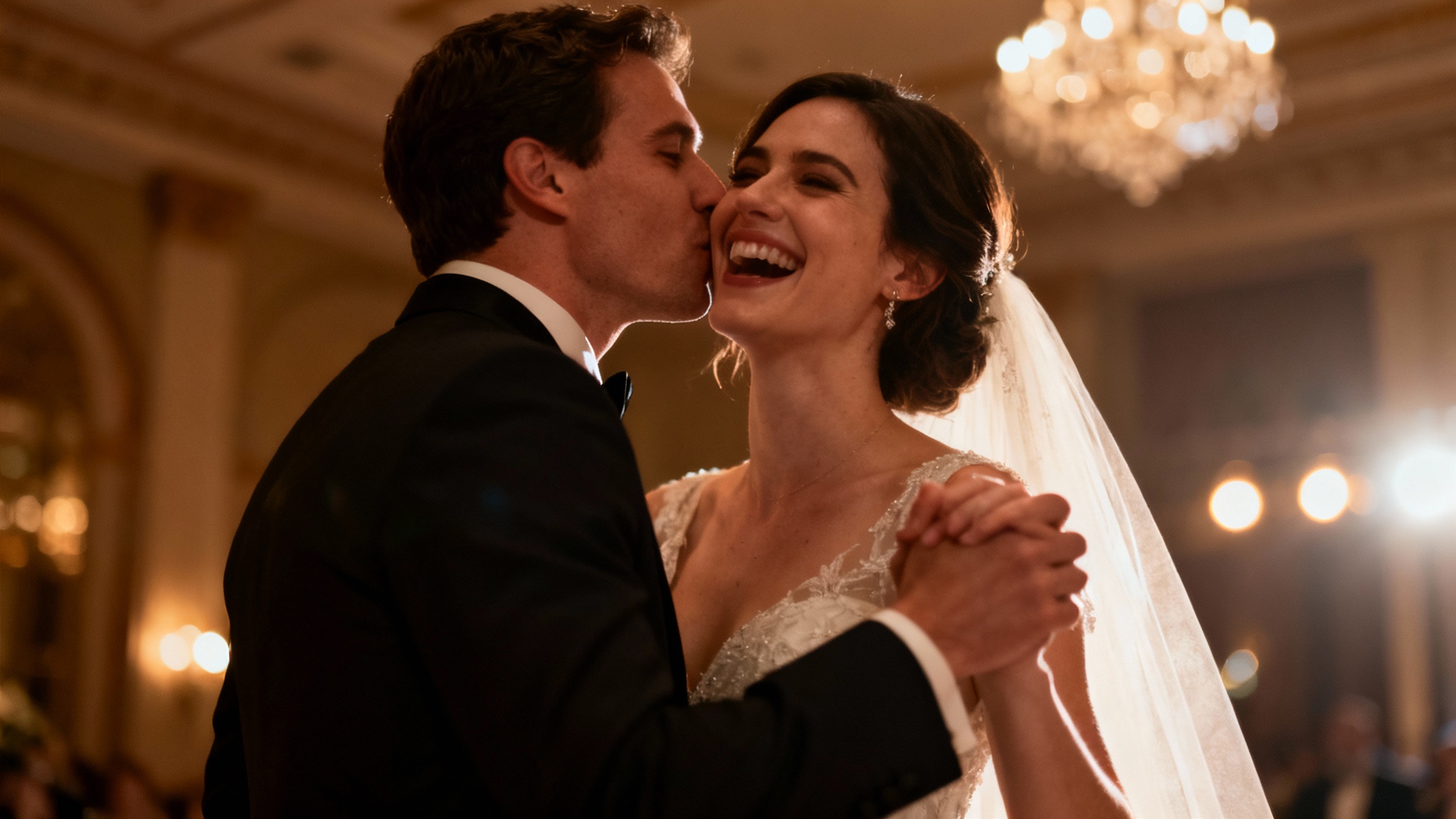 A cinematic still from a wedding video showing a bride and groom slow dancing and laughing together in a beautifully lit ballroom.