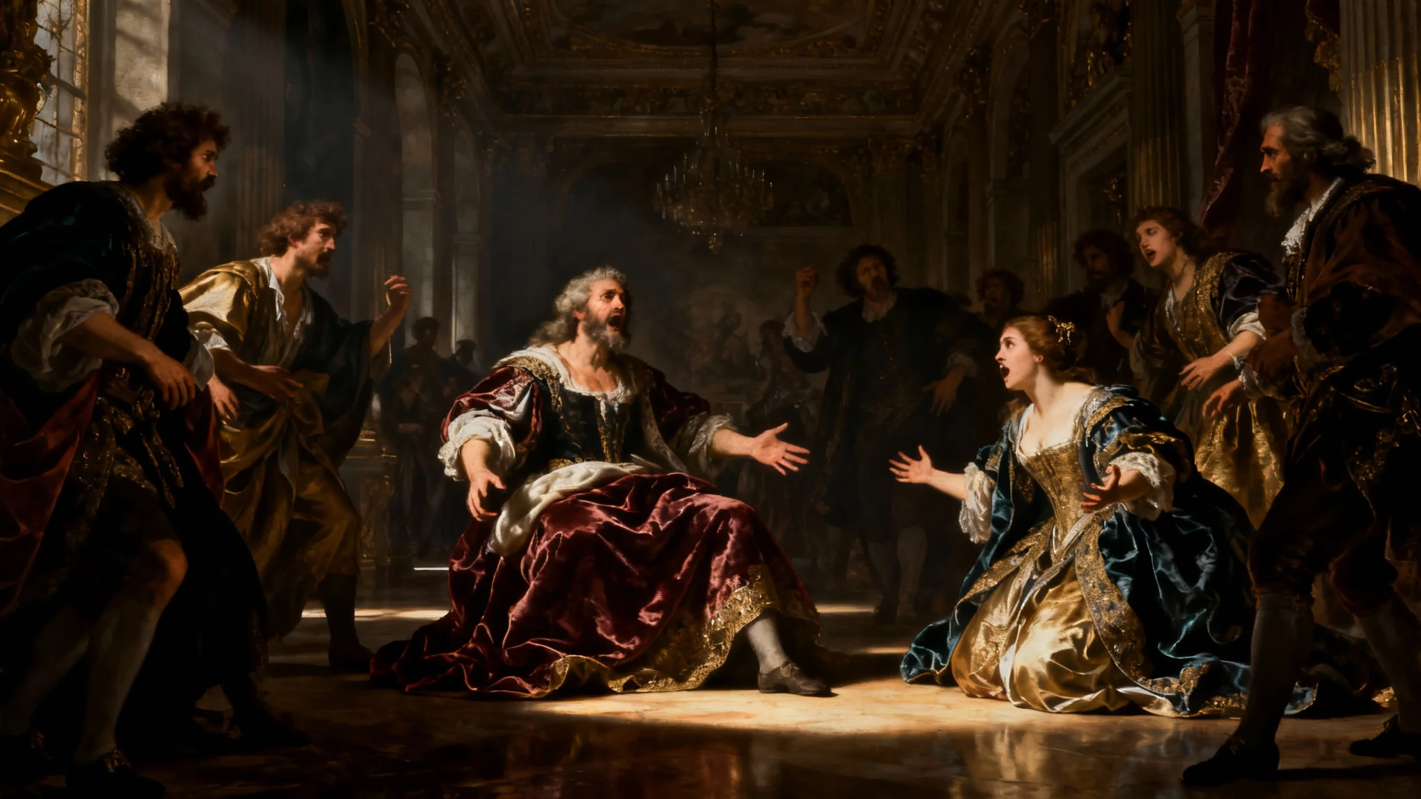 A stunning, wide-angle digital painting created in the Baroque art style, featuring a dramatic scene with multiple figures, intense lighting contrasts (chiaroscuro), and rich, opulent detail.