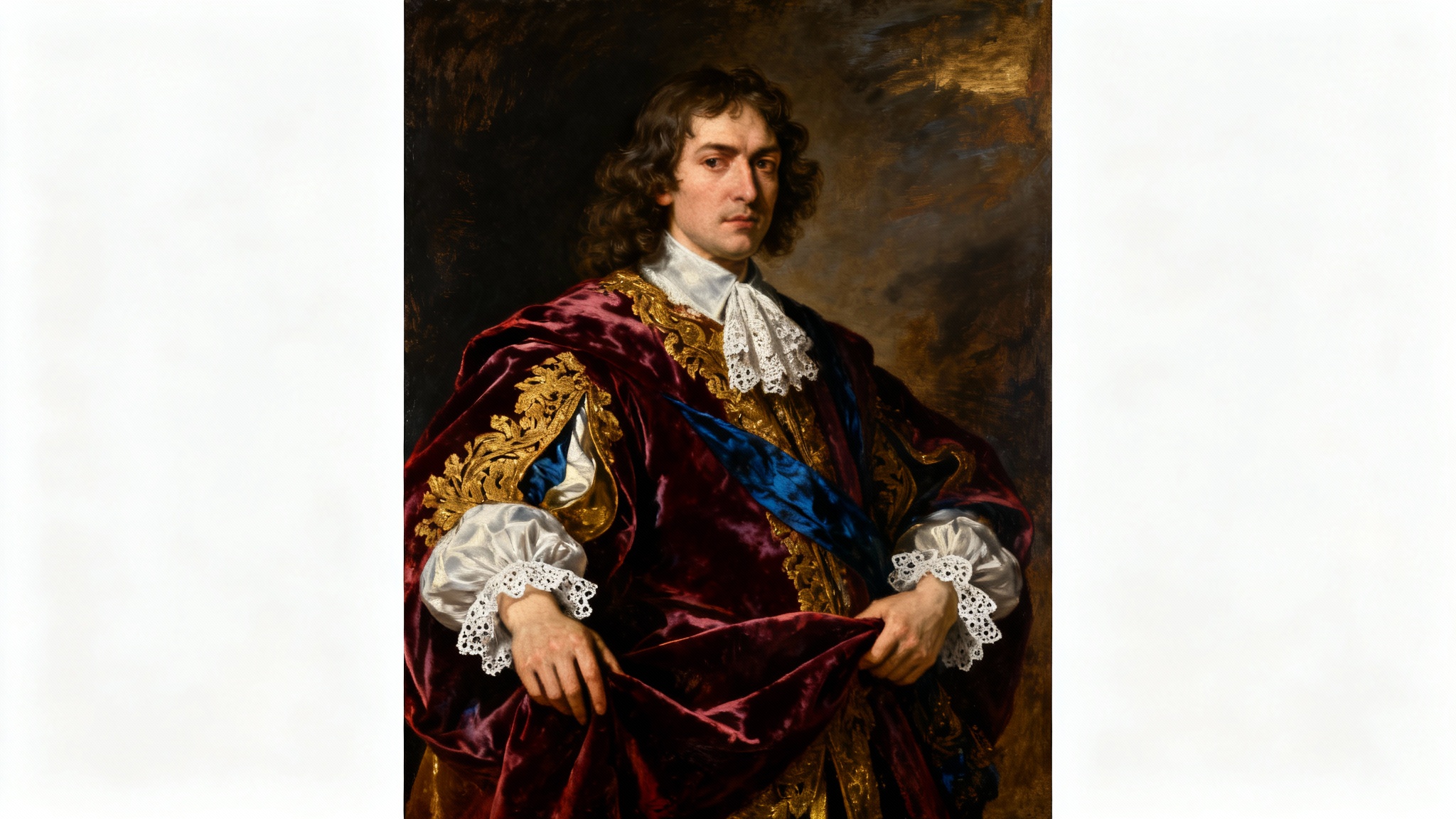 A dramatic Baroque-style oil painting of a noble figure, showcasing intense light and shadow, displayed as a mockup against a clean white background.