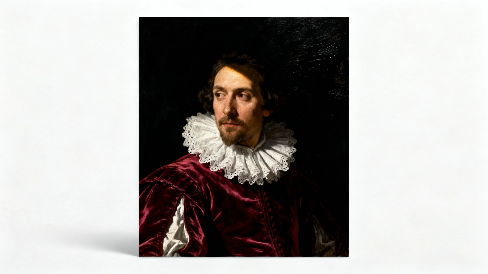 A Baroque-style oil painting of a 17th-century nobleman. He is shown in dramatic light and shadow (chiaroscuro), wearing a red velvet coat and a white lace collar against a dark background.