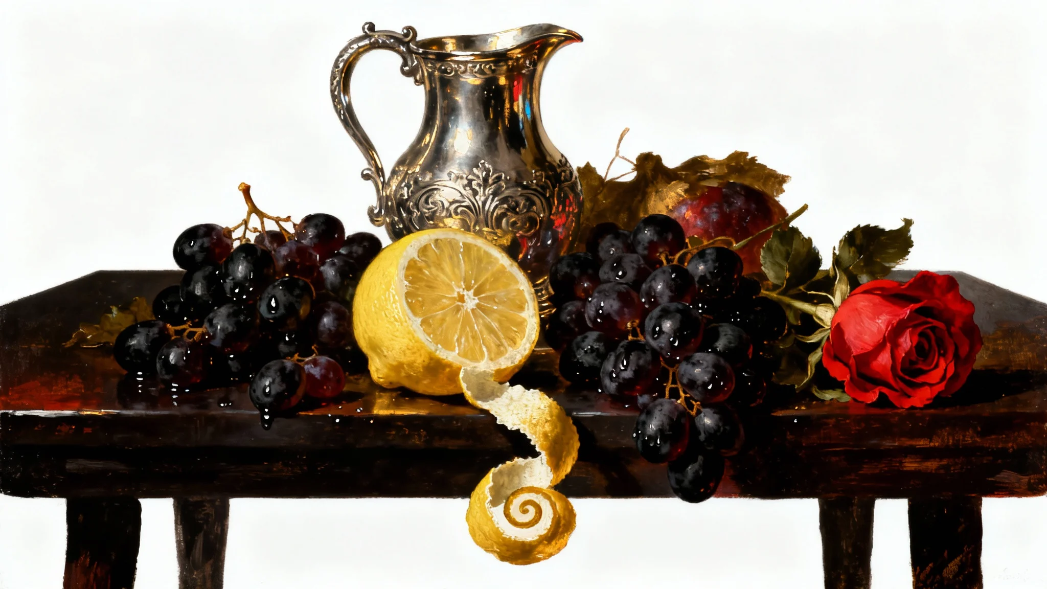 A hyper-realistic mockup of a Baroque still life painting, featuring a silver ewer, grapes, and a lemon with dramatic lighting, isolated on a clean white background.