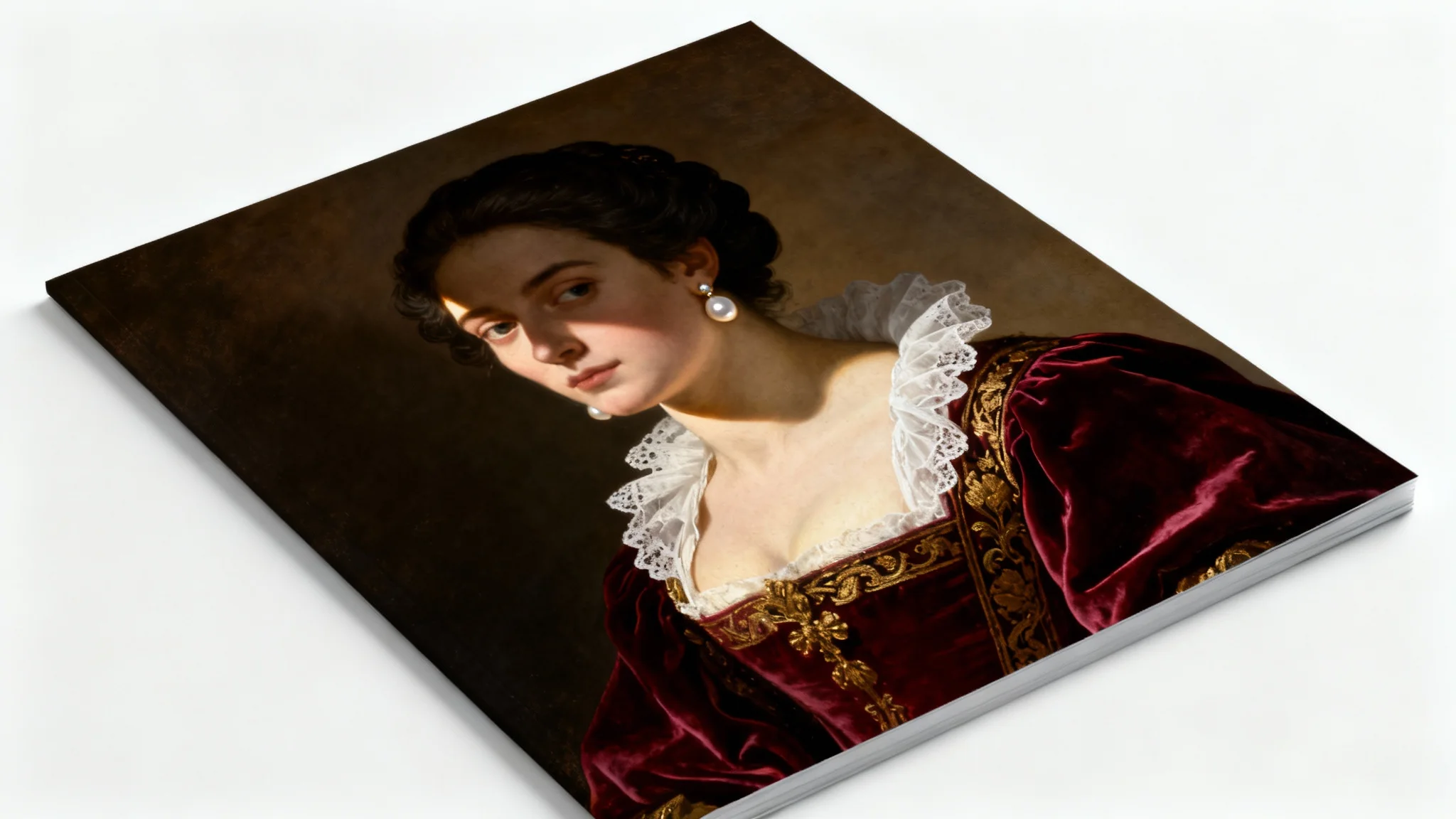 A dramatic Baroque-style portrait of a noblewoman in a crimson gown, illuminated by strong side lighting against a dark background, presented as an art piece on a white background.