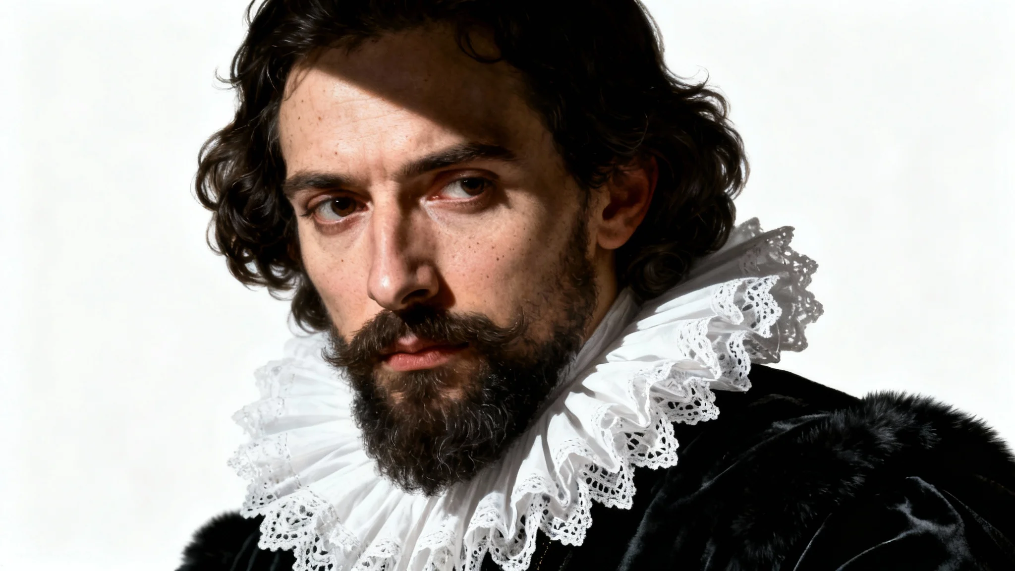 A dramatic Baroque-style portrait of a nobleman with a lace collar, set against a stark white background, showcasing strong light and shadow.