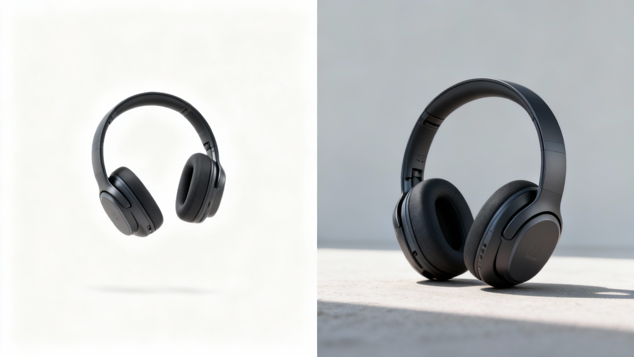 A split-screen comparison showing a product photo before and after adding a shadow. On the left, a headphone looks flat. On the right, the same headphone has a realistic shadow, making it look grounded and professional.