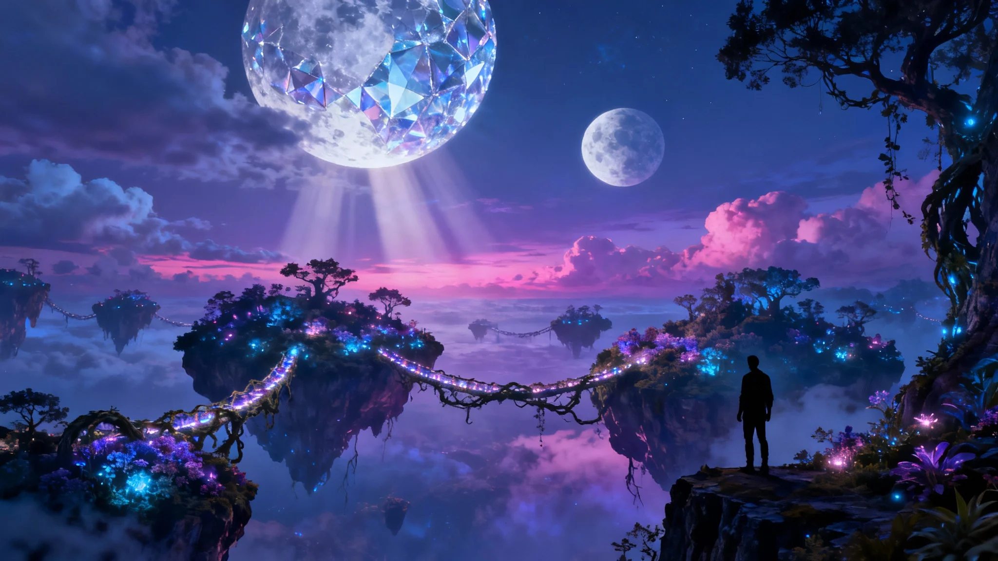 An epic dreamscape at twilight, featuring floating islands with glowing plants and bridges, under two large crystalline moons, creating a sense of wonder.