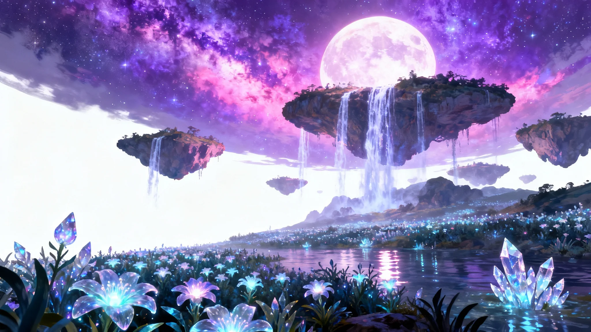 An ethereal dreamscape with floating islands, cascading waterfalls, and glowing flora under a vibrant nebula sky, representing a fantastical dream world.