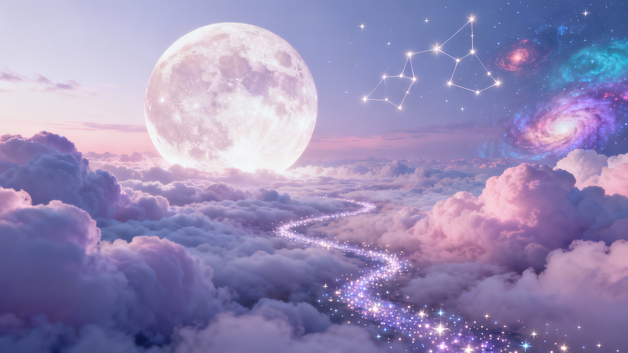 A serene and magical dreamscape featuring a landscape of pastel clouds, a giant luminous moon, and a river of stardust, set against a plain white background.