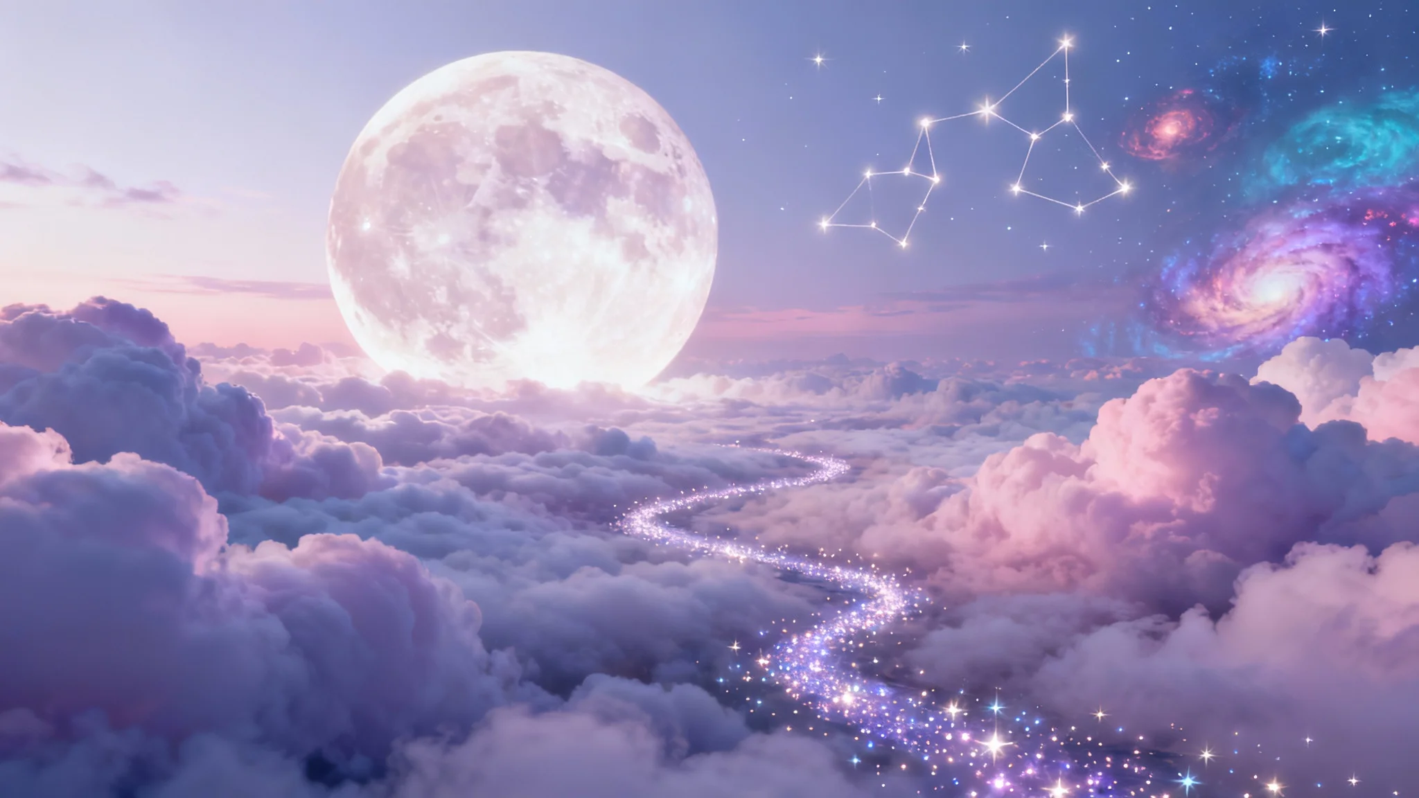 A serene and magical dreamscape featuring a landscape of pastel clouds, a giant luminous moon, and a river of stardust, set against a plain white background.