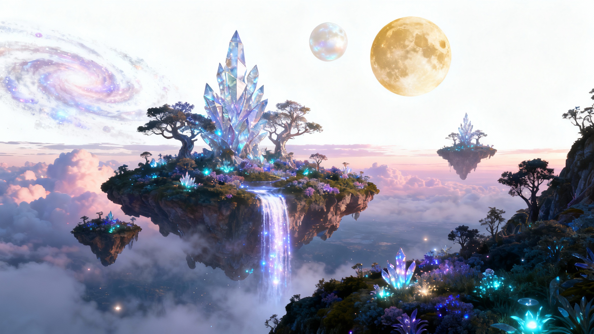 A serene and magical dreamscape featuring floating islands with glowing plants and waterfalls, set against a pastel sky with two large moons and a nebula.