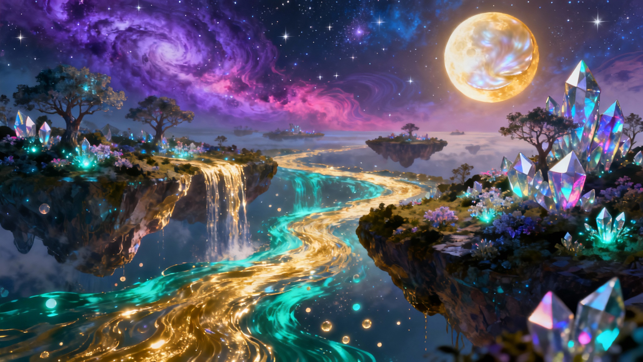 An ethereal dreamscape with floating islands covered in glowing plants, connected by a celestial river of light under a cosmic sky with a large moon.