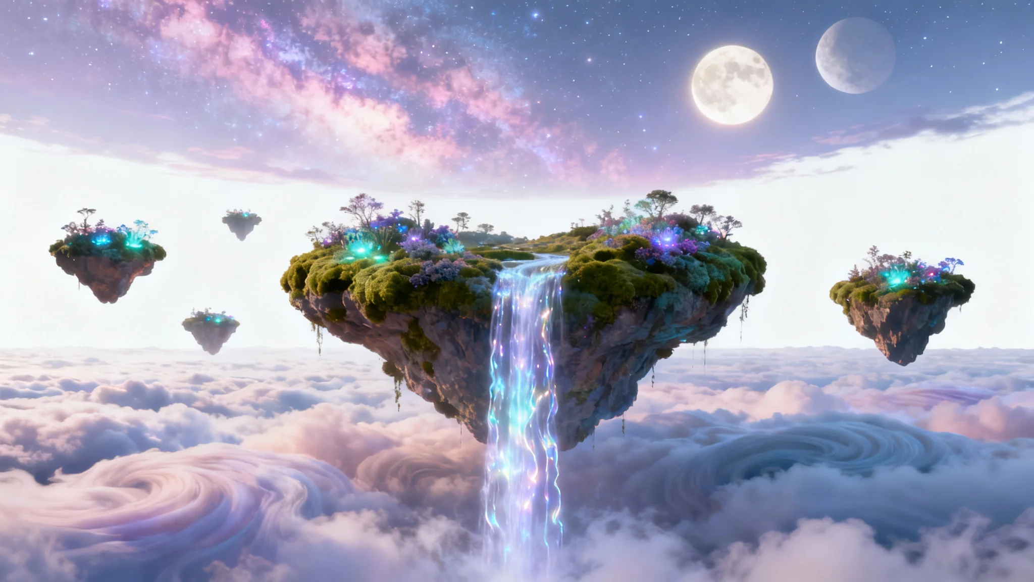 A photorealistic and serene dreamscape featuring floating islands with a waterfall of liquid light, set against a pastel nebula sky with two moons.