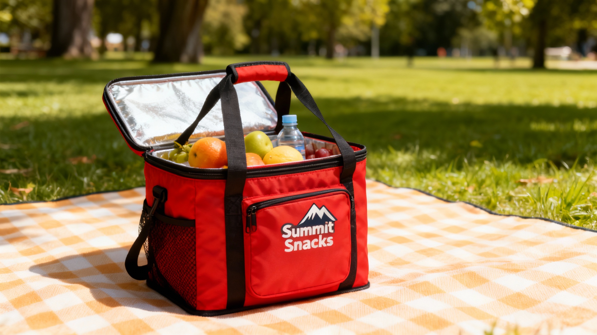 A photorealistic mockup of a red insulated cooler bag placed on a picnic blanket, featuring a custom-printed logo for 'Summit Snacks' to demonstrate the final result of a design tool.