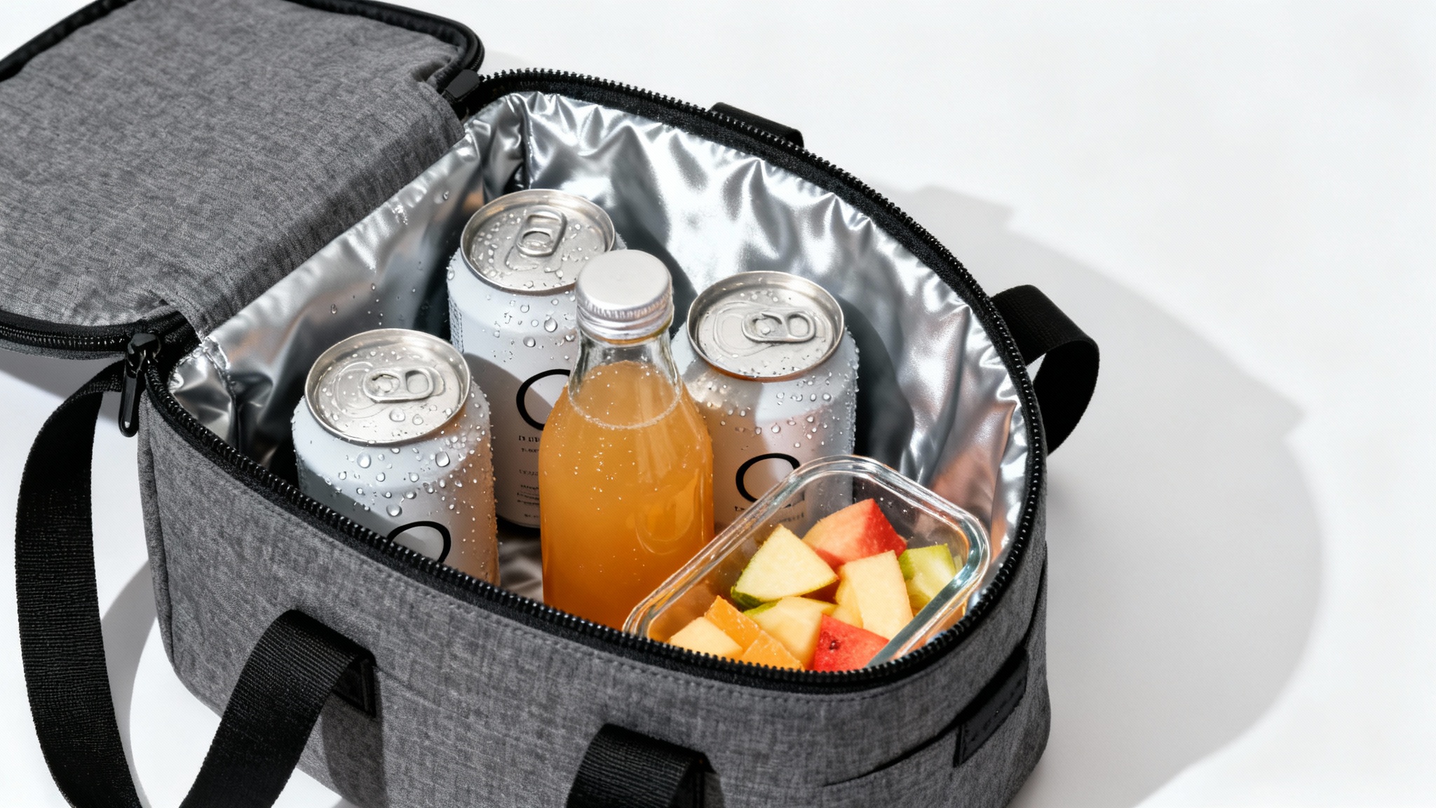 A studio mockup of a charcoal gray insulated cooler bag on a white background. The bag is open, showing a silver thermal lining and filled with cold drinks and fresh fruit to demonstrate its cooling capability.