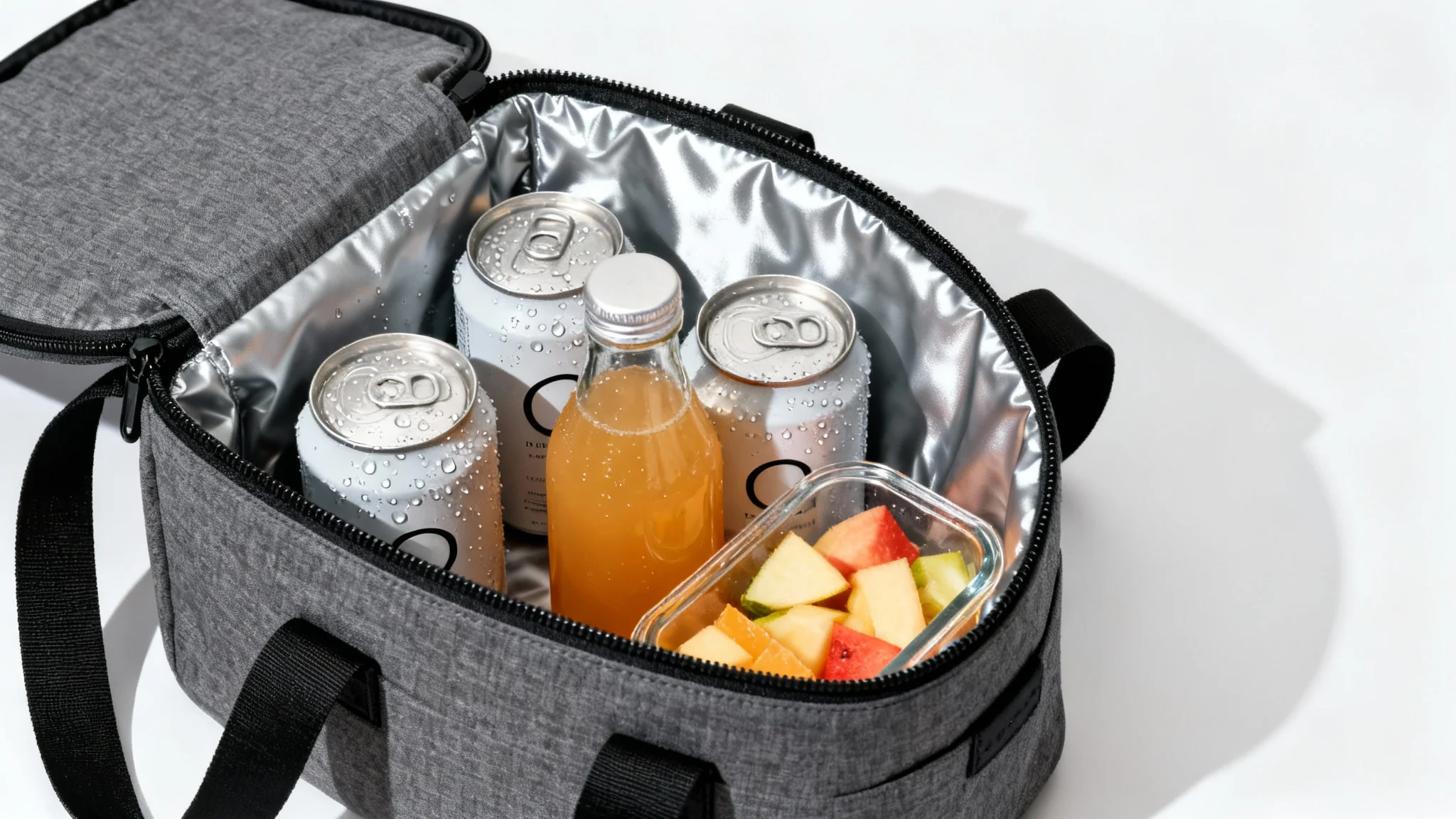 A studio mockup of a charcoal gray insulated cooler bag on a white background. The bag is open, showing a silver thermal lining and filled with cold drinks and fresh fruit to demonstrate its cooling capability.