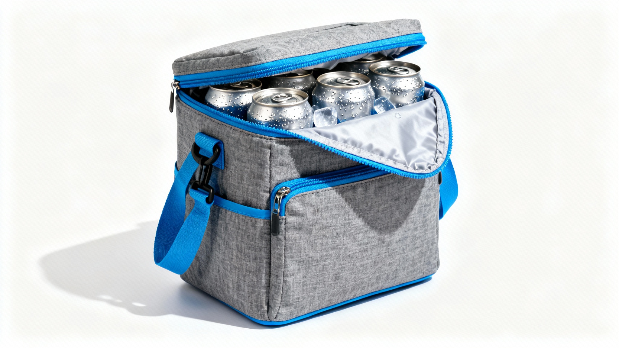 A modern grey and blue insulated cooler bag, slightly open to show ice-cold beverage cans inside, presented as a professional product mockup on a white background.