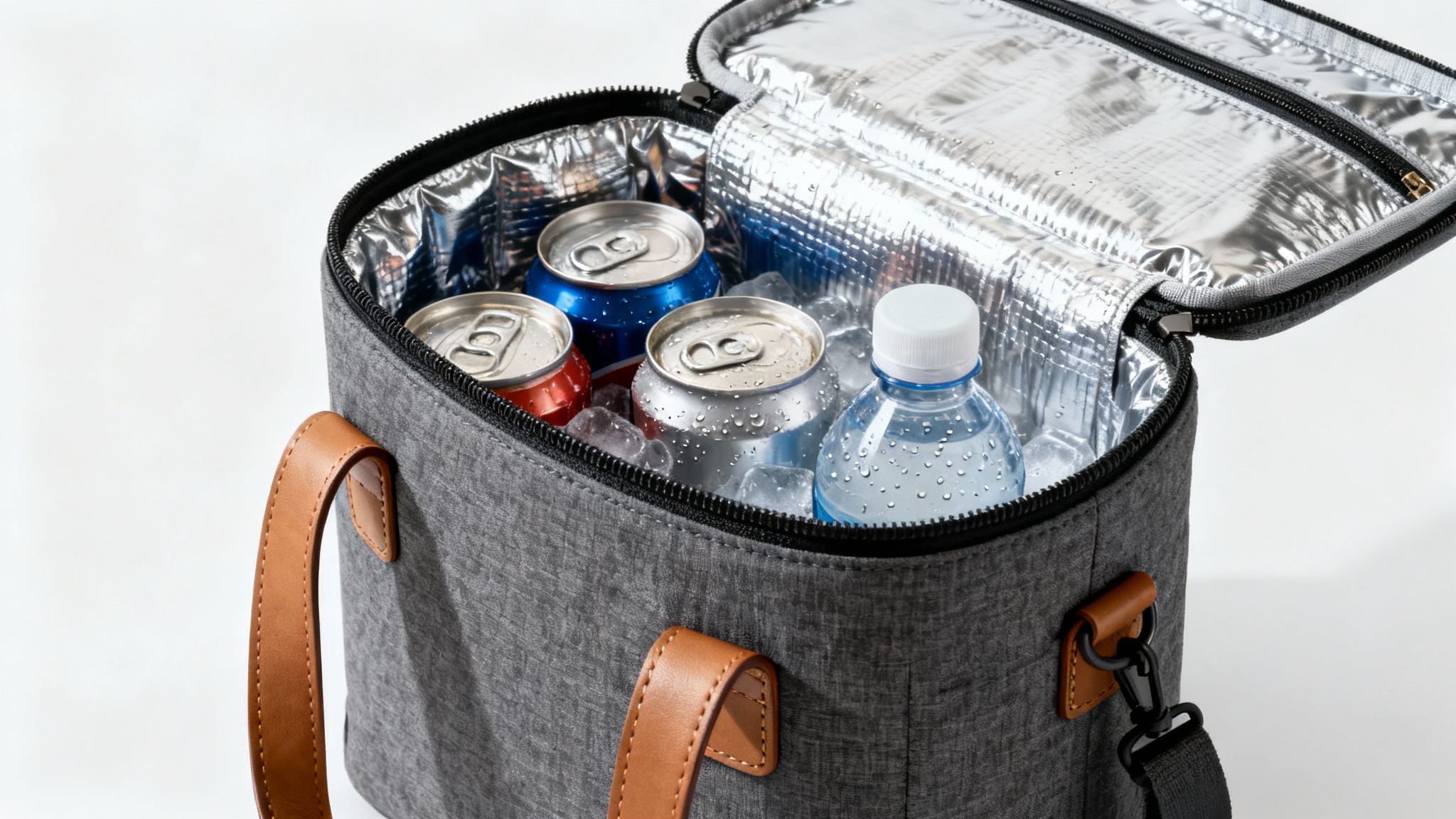 A professional product mockup of a stylish, charcoal grey insulated cooler bag on a white background, slightly open to show condensation-covered drinks inside.