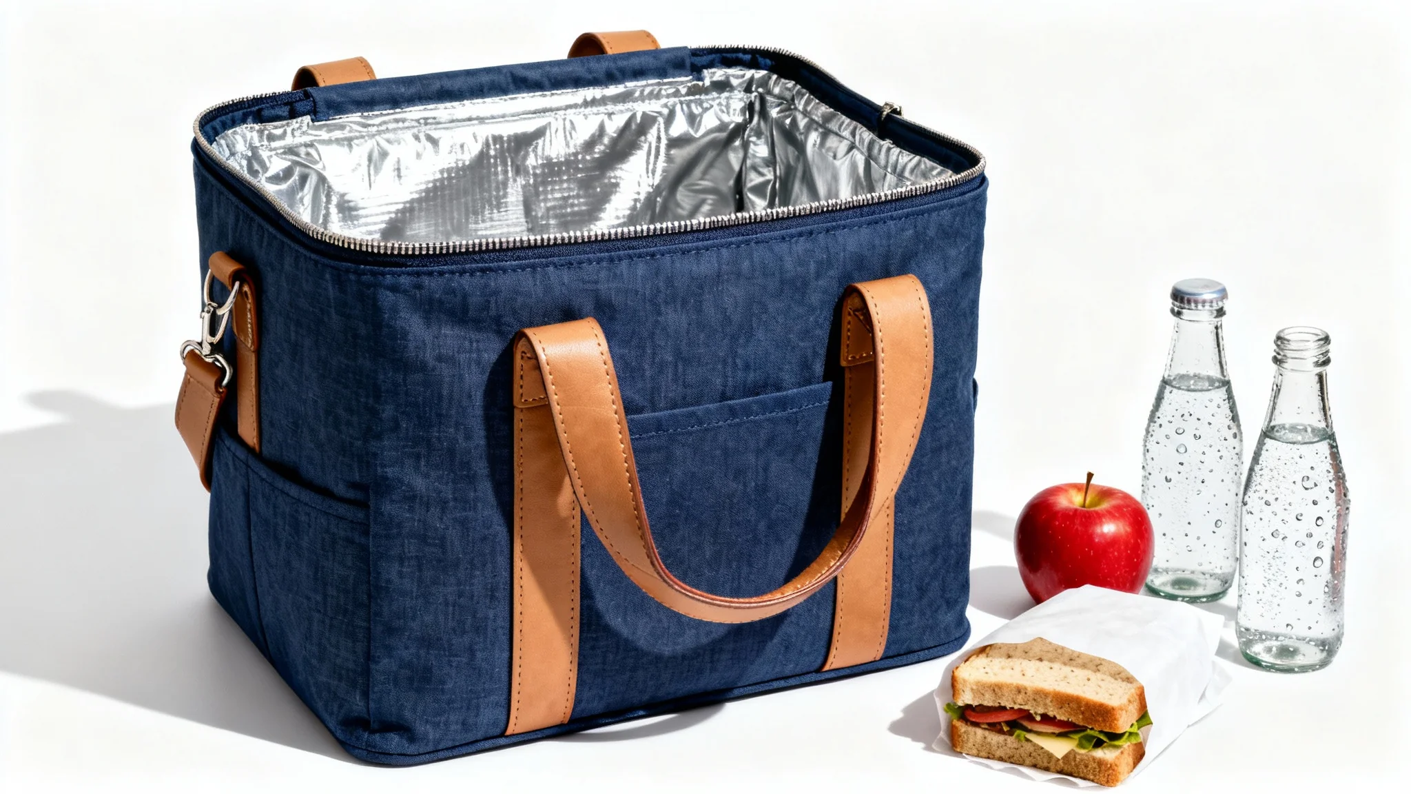 A modern navy blue insulated cooler bag with tan handles, displayed on a white background with a cold drink, an apple, and a sandwich, showcasing its use for keeping food fresh.