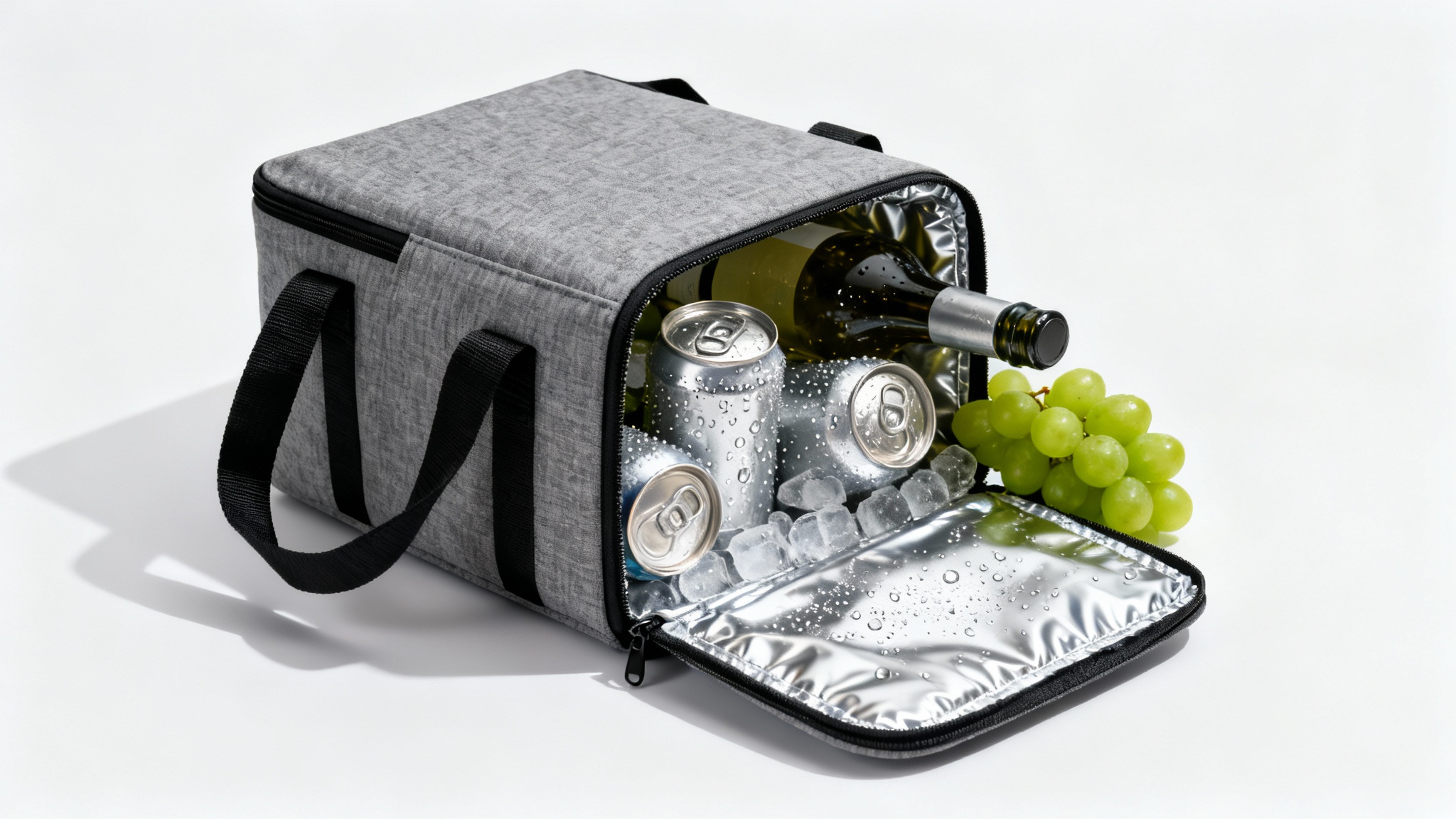 A modern, gray fabric insulated cooler bag on a white background, open to show a silver interior filled with frosty beverage cans and fresh grapes.