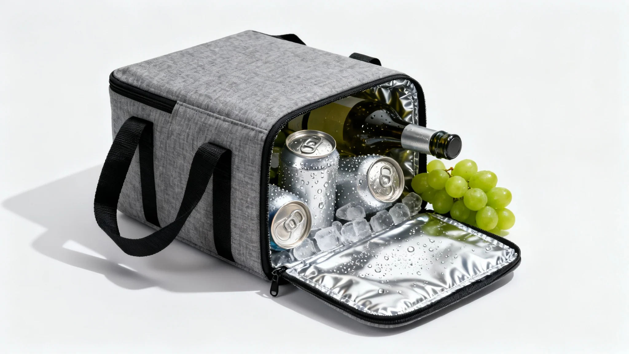 A modern, gray fabric insulated cooler bag on a white background, open to show a silver interior filled with frosty beverage cans and fresh grapes.
