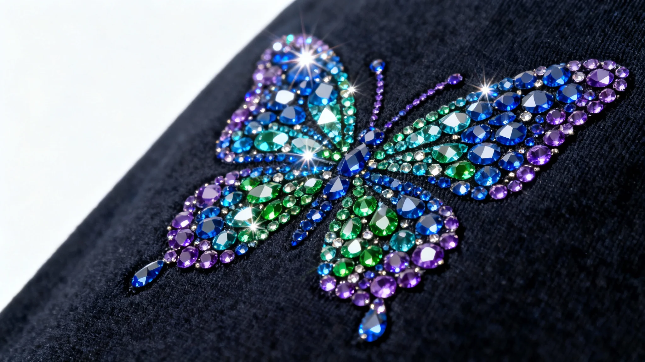 A close-up, hyper-realistic image of a dazzling rhinestone butterfly pattern on a dark fabric, showcasing vibrant blue, green, and purple gems against a stark white background.