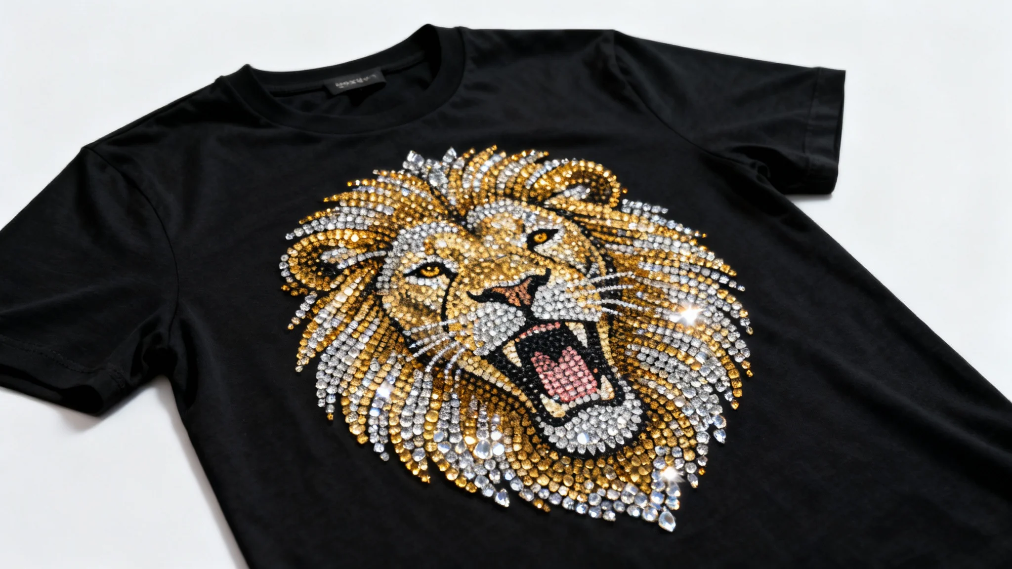 A close-up of a detailed rhinestone pattern depicting a roaring lion's head in gold and silver on a black t-shirt, presented as a mockup on a solid white background.