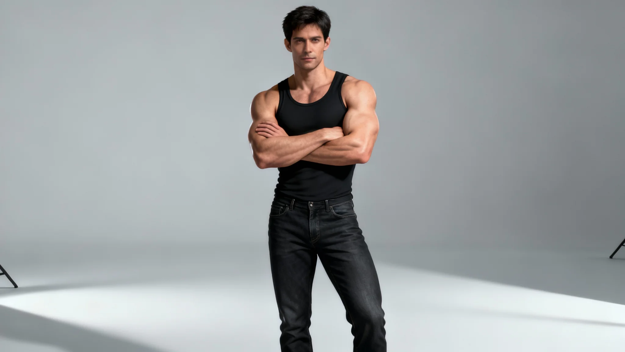 A photorealistic 3D render of a muscular man in a confident pose, serving as an artist's reference. He has short dark hair, is wearing a black tank top and dark jeans, and stands with his arms crossed against a light gray studio background.