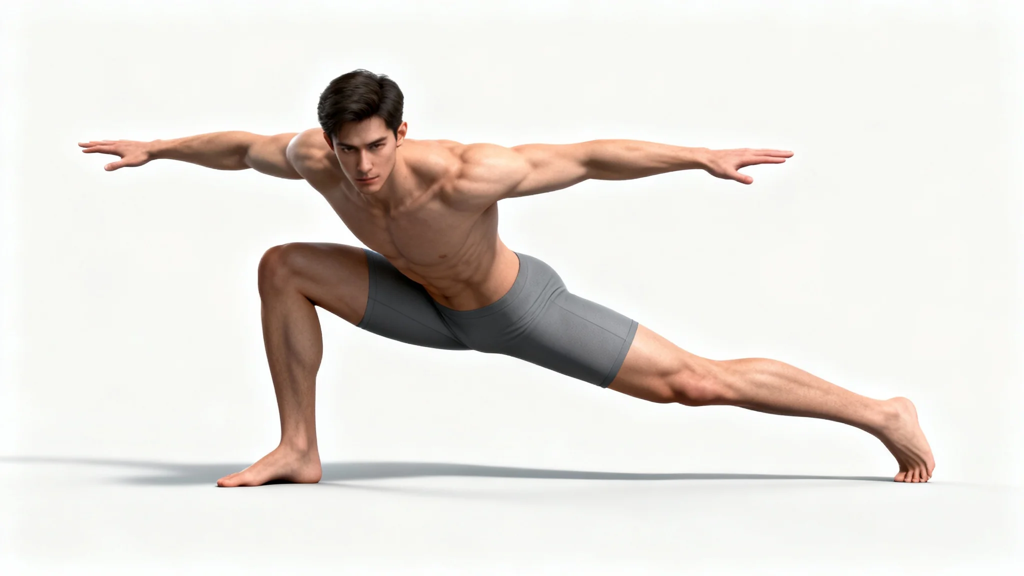 A hyper-realistic digital render of an athletic man in a dynamic twisting lunge pose, designed for use as an artistic anatomy reference, set against a plain white background.