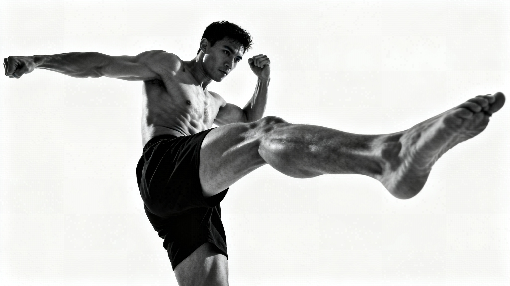 A photorealistic image of a man in a dynamic kicking pose against a white background, designed as a pose reference for artists to study anatomy and motion.