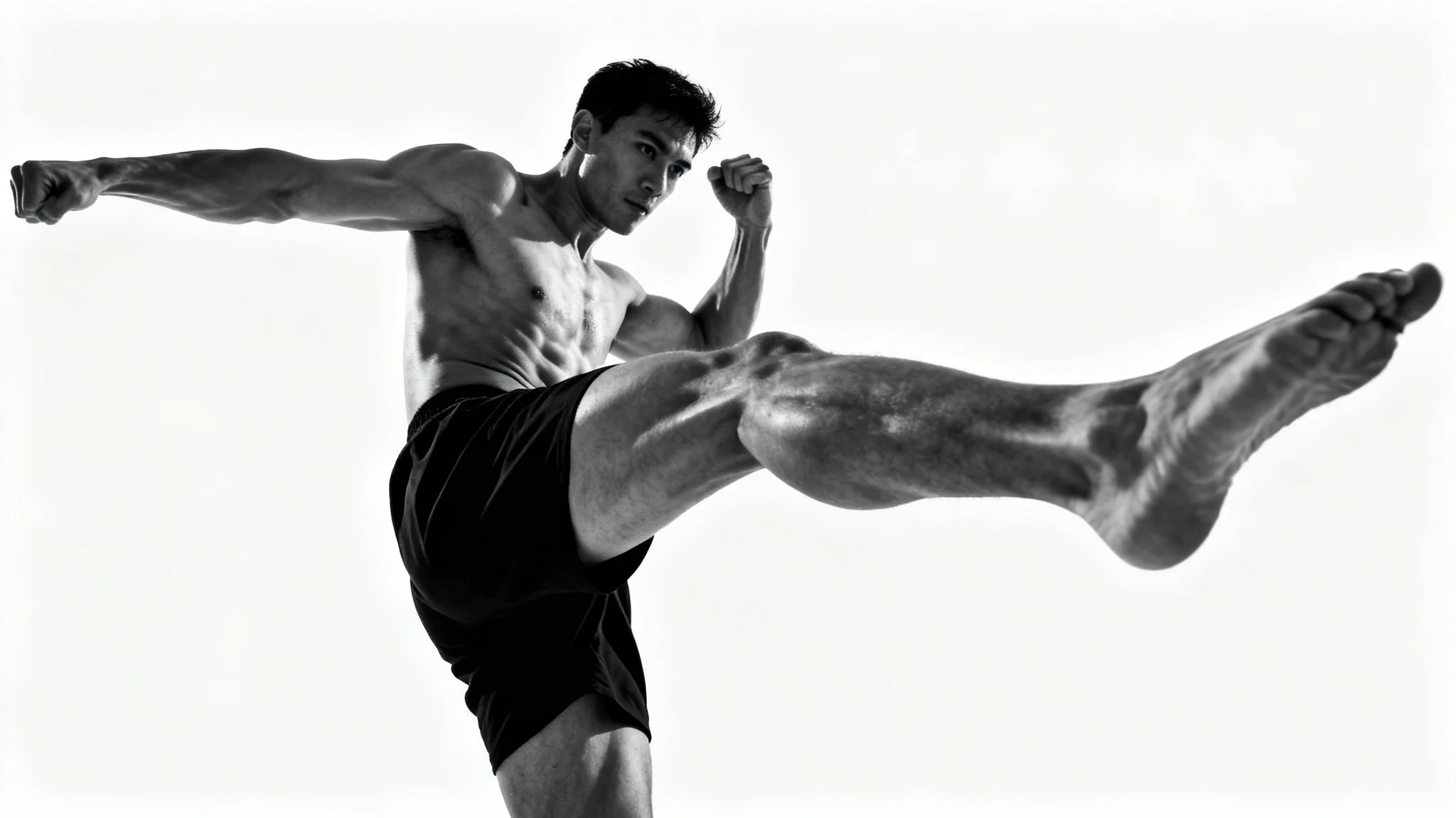 A photorealistic image of a man in a dynamic kicking pose against a white background, designed as a pose reference for artists to study anatomy and motion.