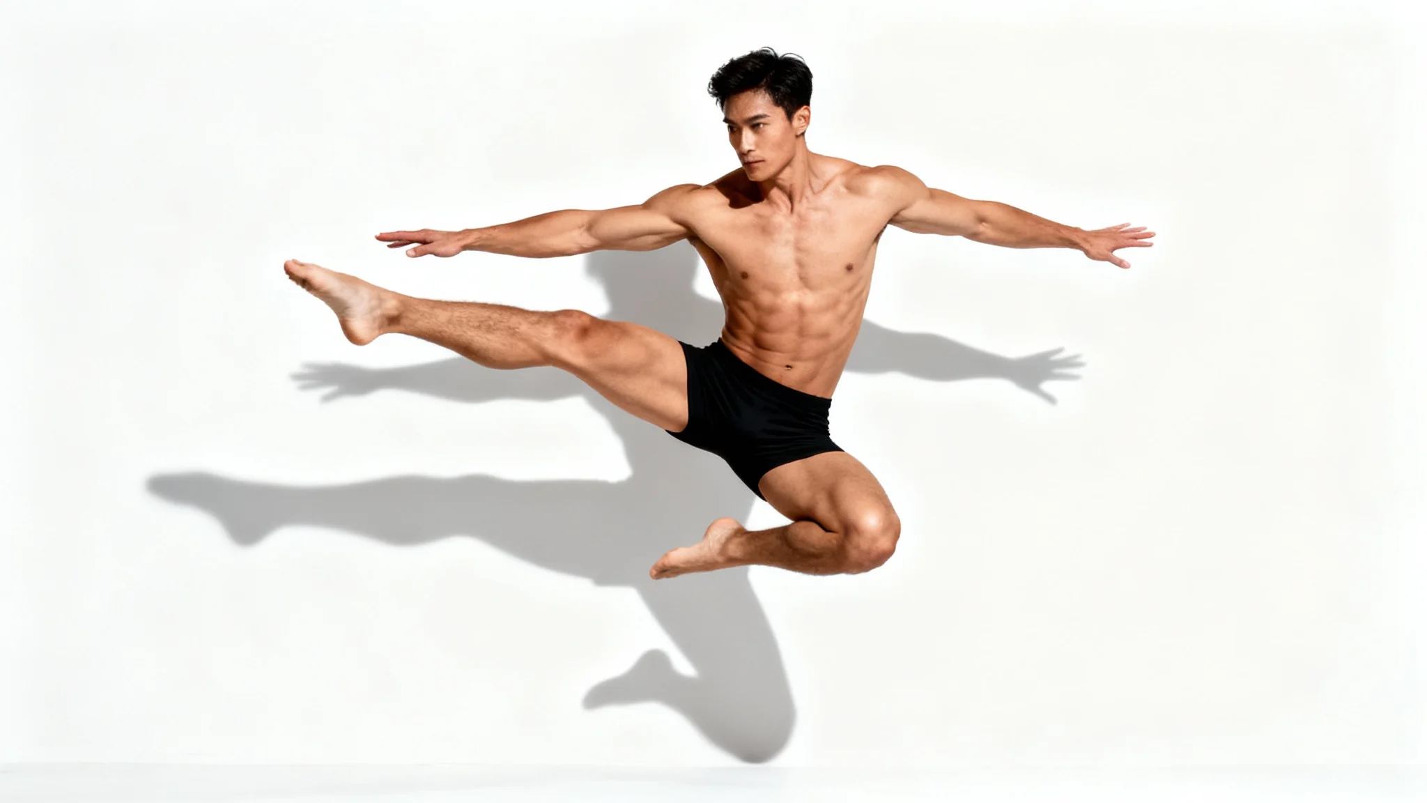 A photorealistic render of an athletic man in a dynamic mid-air pose against a clean white background, designed as a reference for artists.