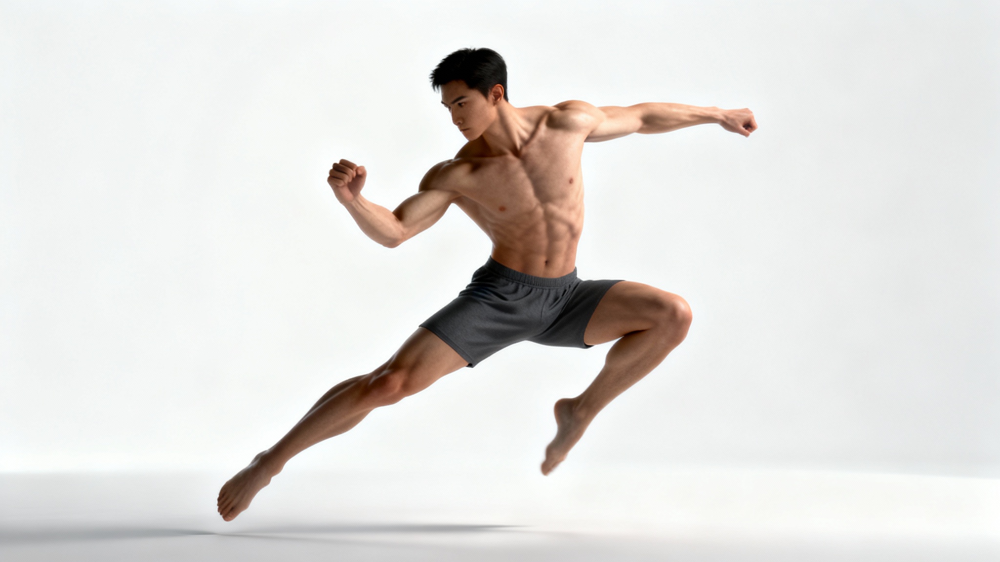 A photorealistic image of an athletic male in a dynamic pose against a solid white background, designed as a pose reference for artists.