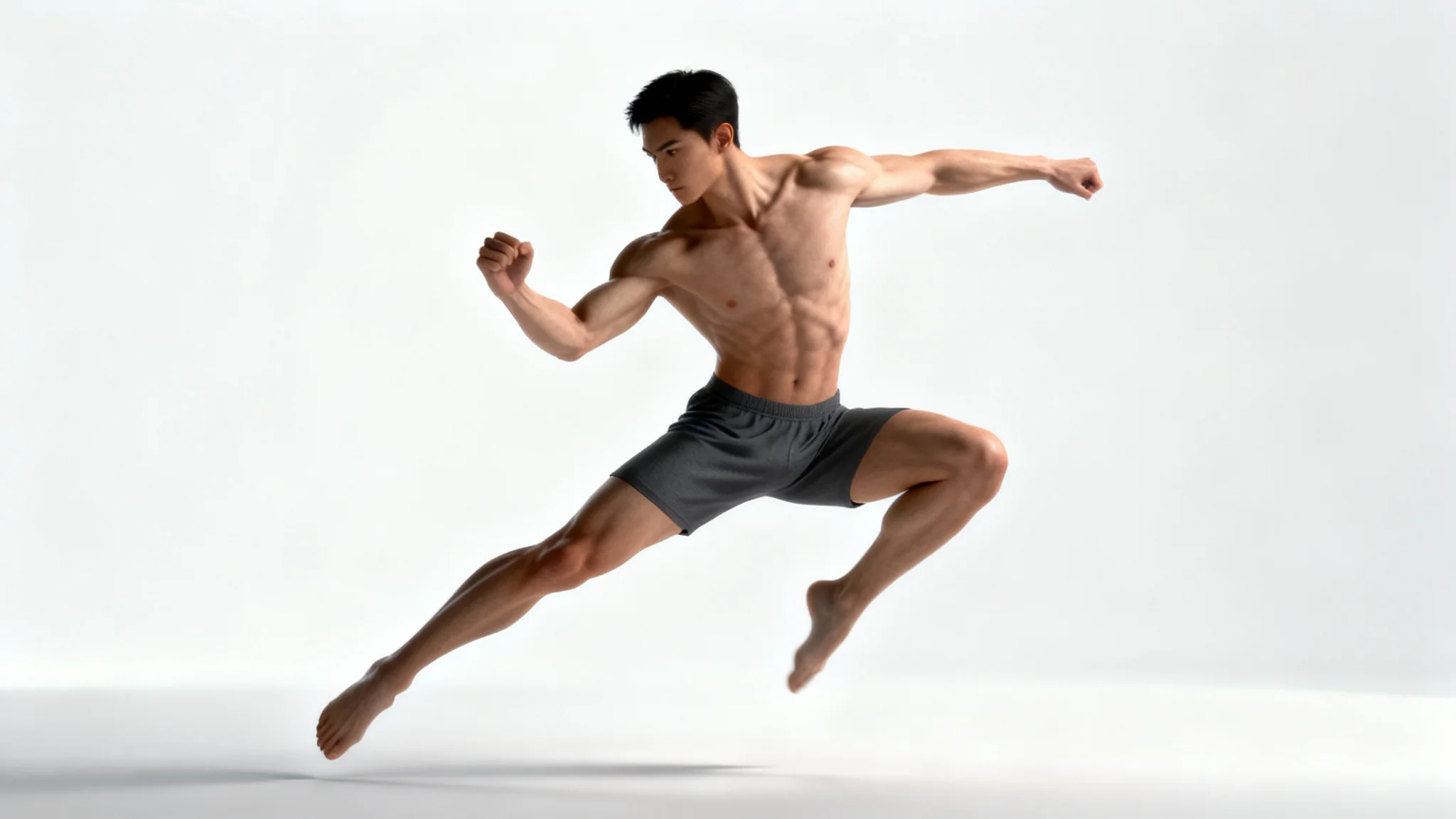 A photorealistic image of an athletic male in a dynamic pose against a solid white background, designed as a pose reference for artists.