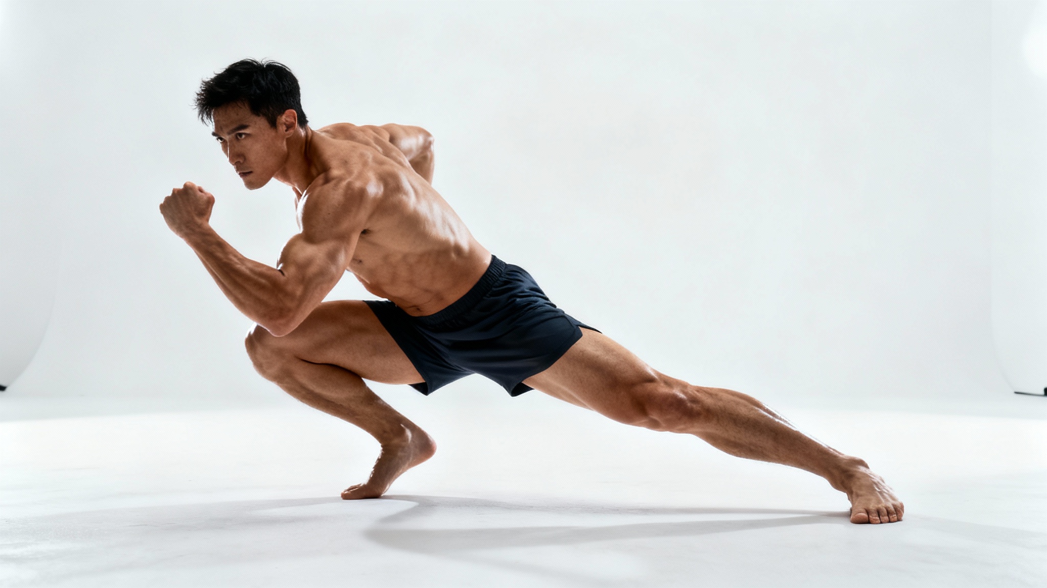 A male athlete with a defined muscular build, captured in a dynamic pose against a plain white studio background, serving as an anatomical reference.