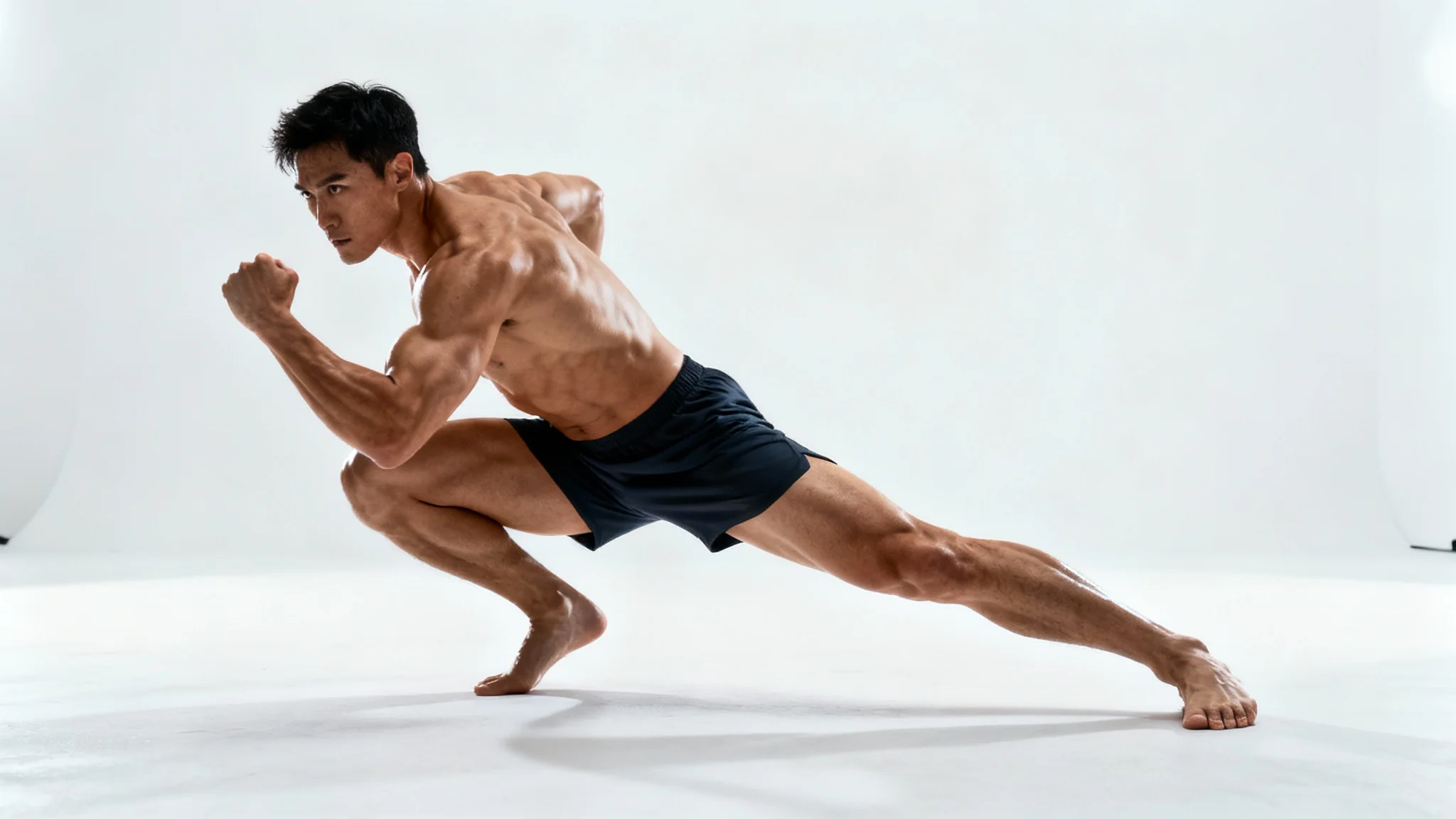 A male athlete with a defined muscular build, captured in a dynamic pose against a plain white studio background, serving as an anatomical reference.