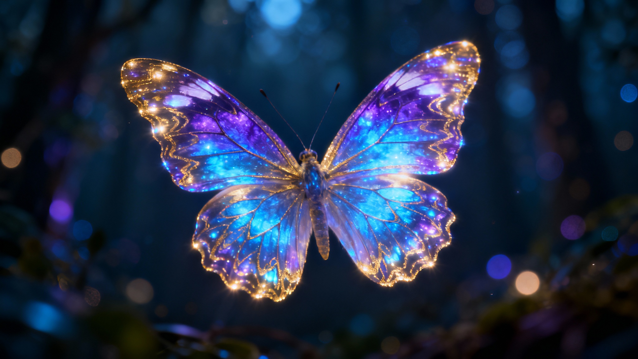 An eye-catching hero image showcasing a hyper-detailed, ethereal butterfly with glowing, iridescent wings, set against a dark, bokeh background.