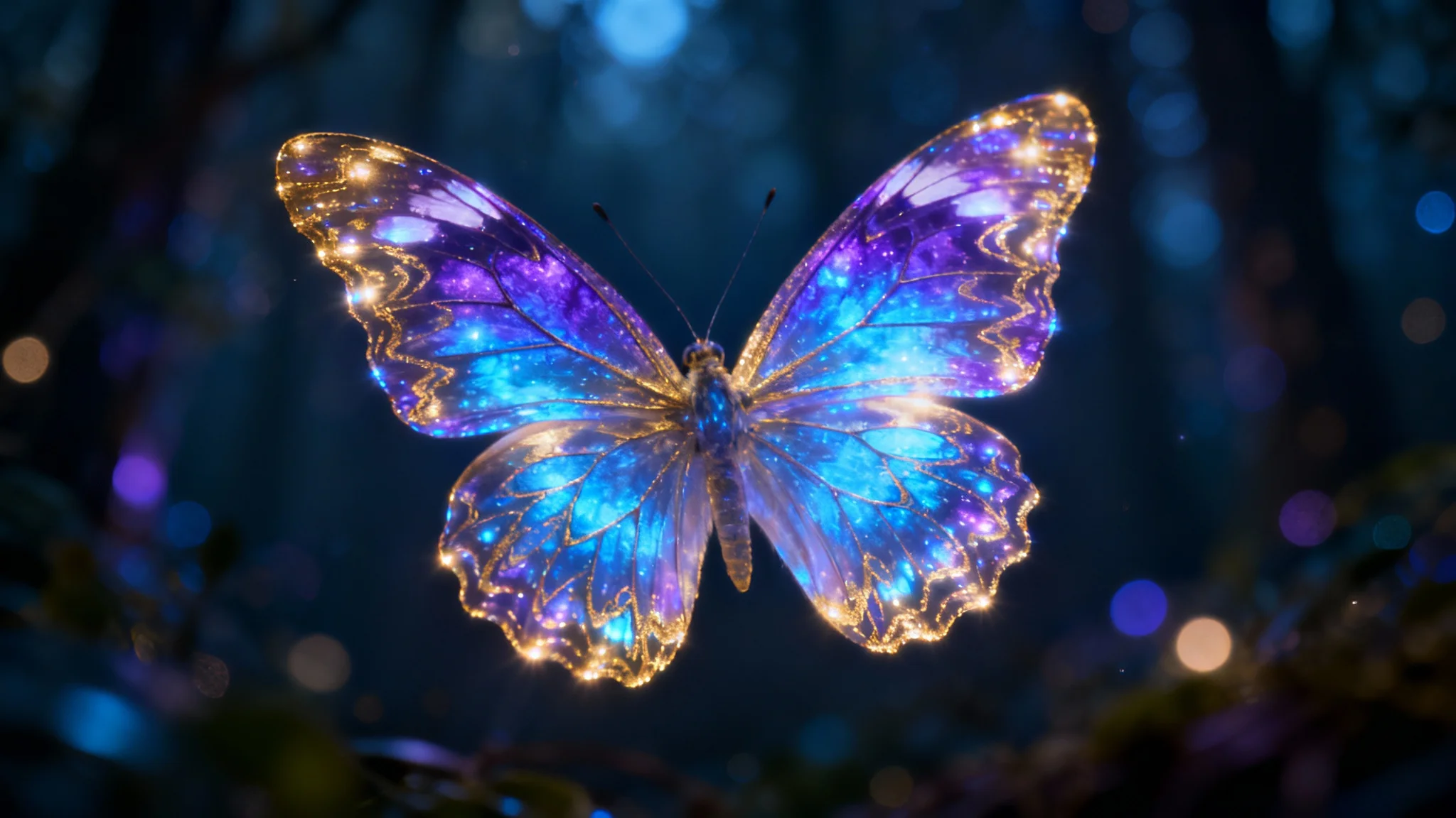 An eye-catching hero image showcasing a hyper-detailed, ethereal butterfly with glowing, iridescent wings, set against a dark, bokeh background.