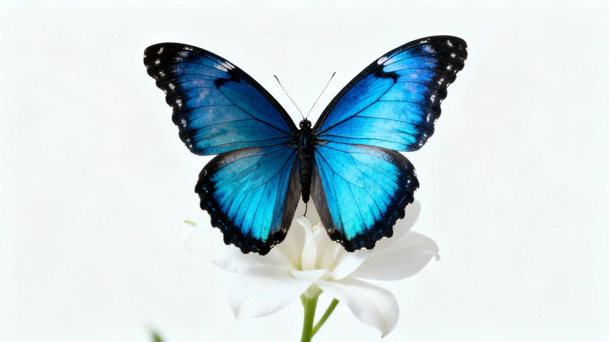 A photorealistic image of a single, vibrant Blue Morpho butterfly with its iridescent wings wide open, resting on a delicate white flower against a clean white background.