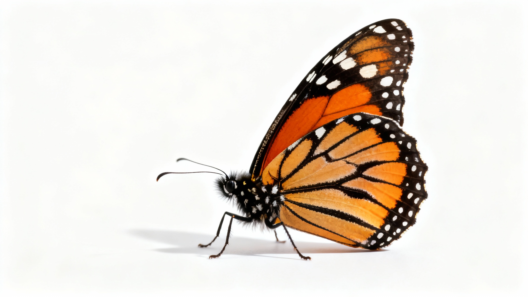 A hyper-realistic, close-up image of a single Monarch butterfly with its wings partially spread, showcasing its vibrant orange and black patterns against a solid white background.
