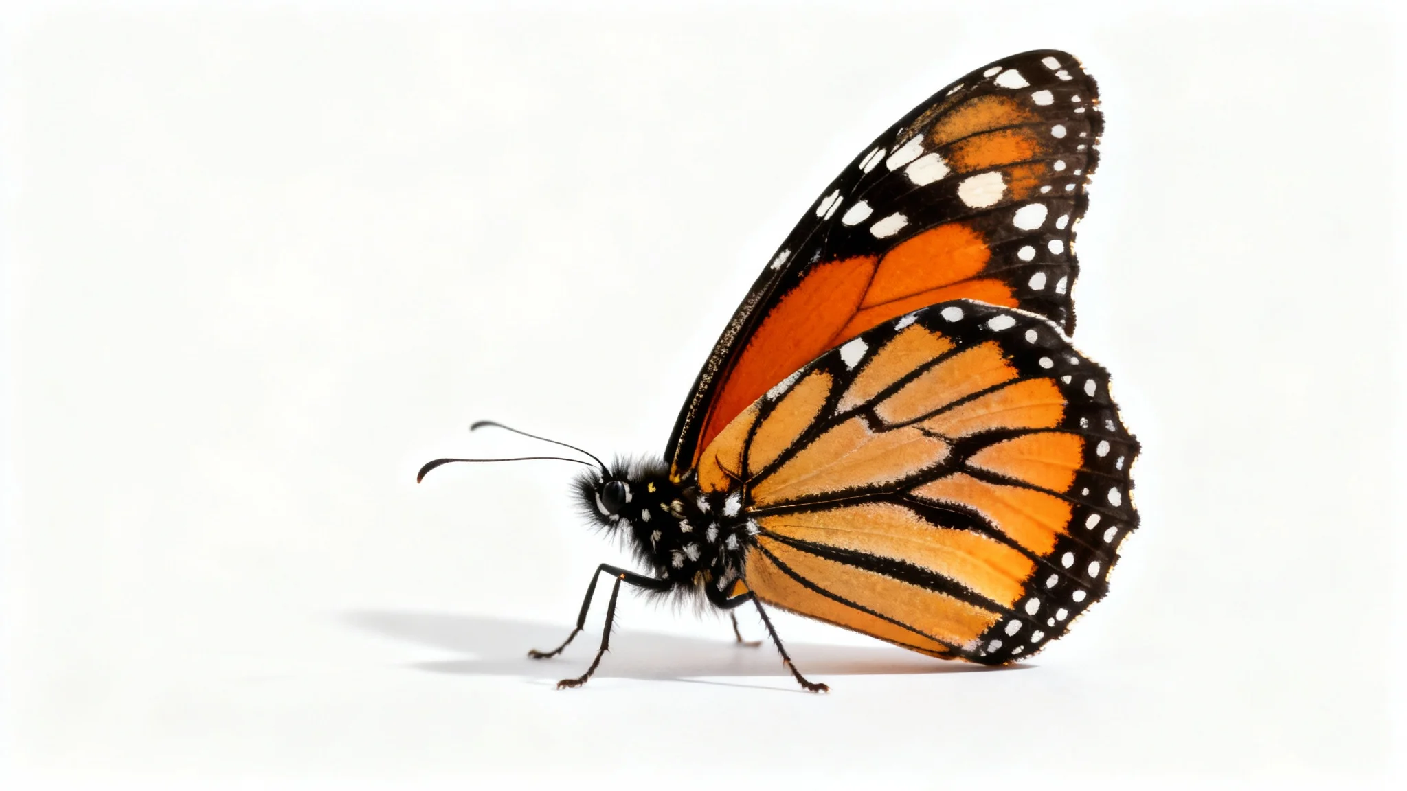 A hyper-realistic, close-up image of a single Monarch butterfly with its wings partially spread, showcasing its vibrant orange and black patterns against a solid white background.