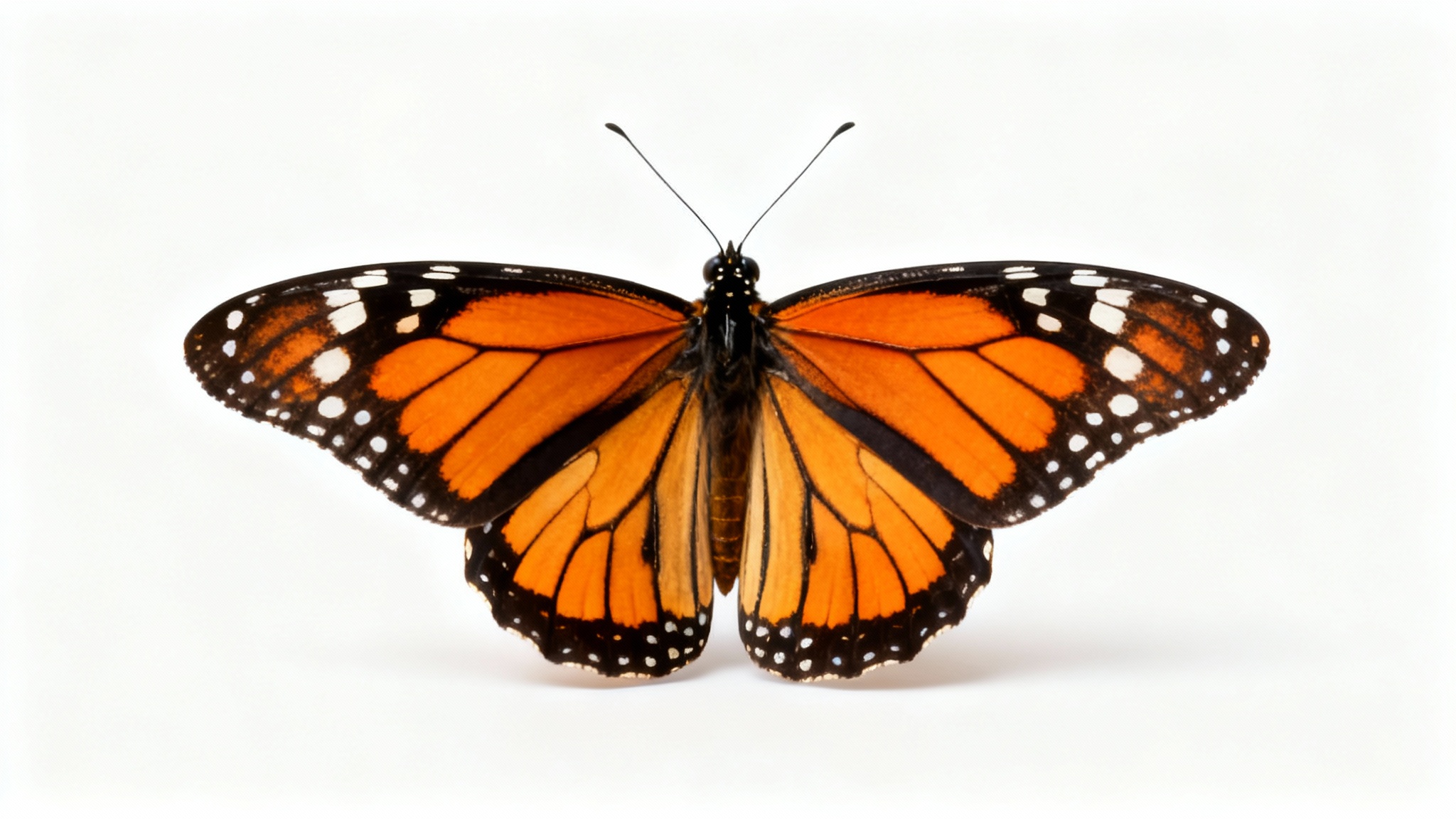 A photorealistic macro shot of a single monarch butterfly with its wings spread wide, showcasing its vibrant orange and black patterns against a clean white background.