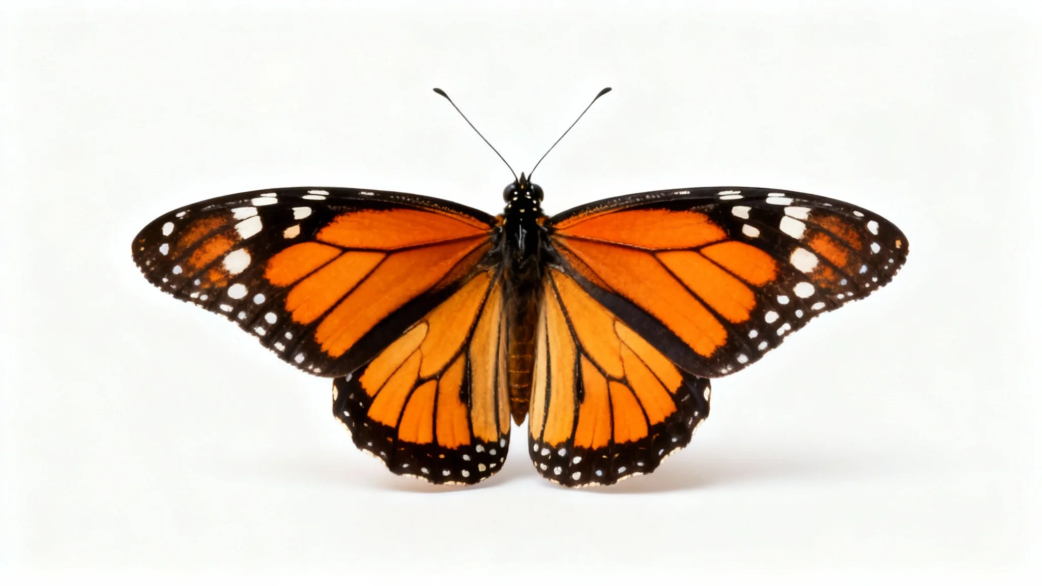 A photorealistic macro shot of a single monarch butterfly with its wings spread wide, showcasing its vibrant orange and black patterns against a clean white background.