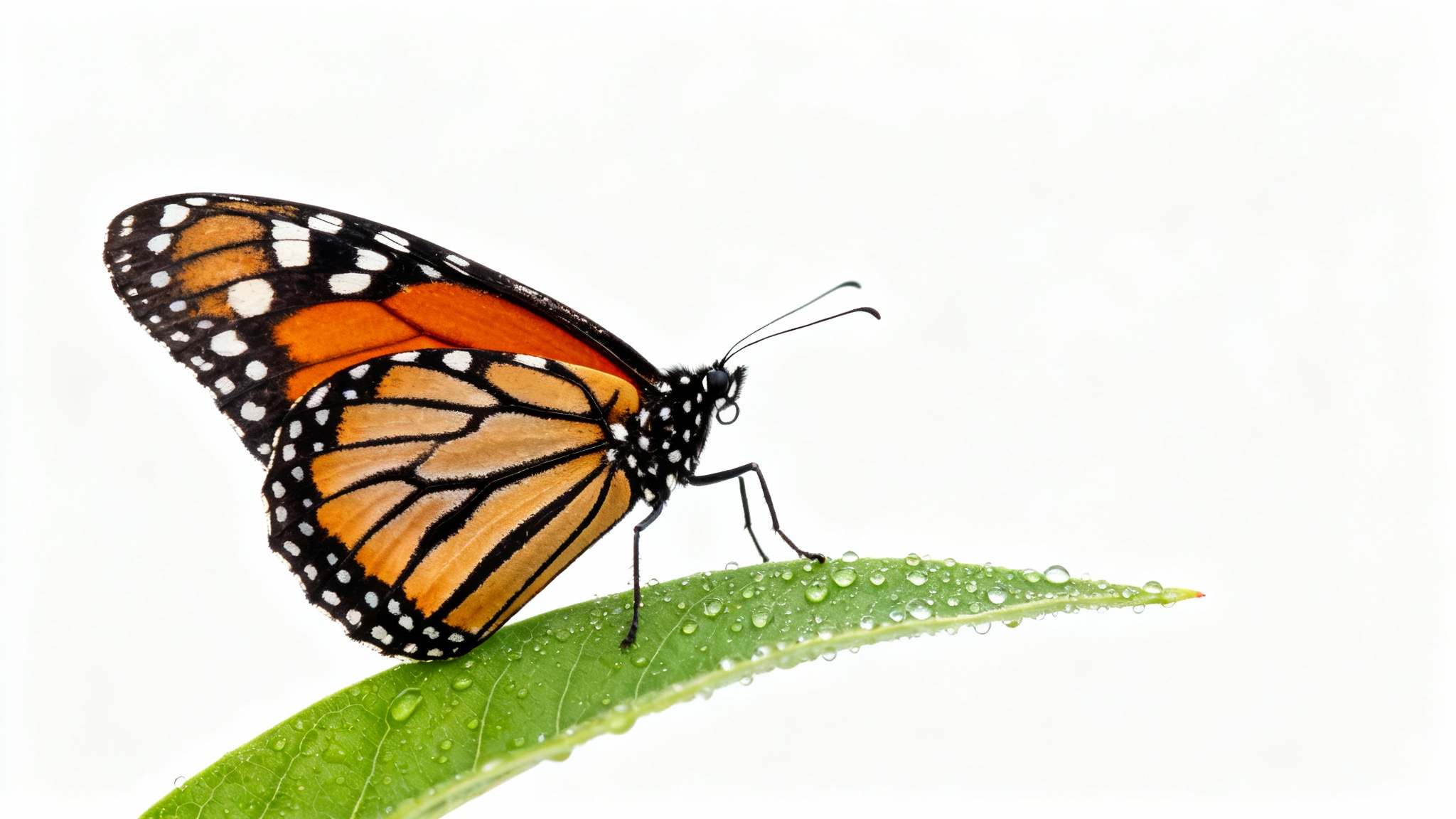 A hyper-realistic image of a single Monarch butterfly with detailed orange and black wings, resting on a dewy green leaf against a solid white background.